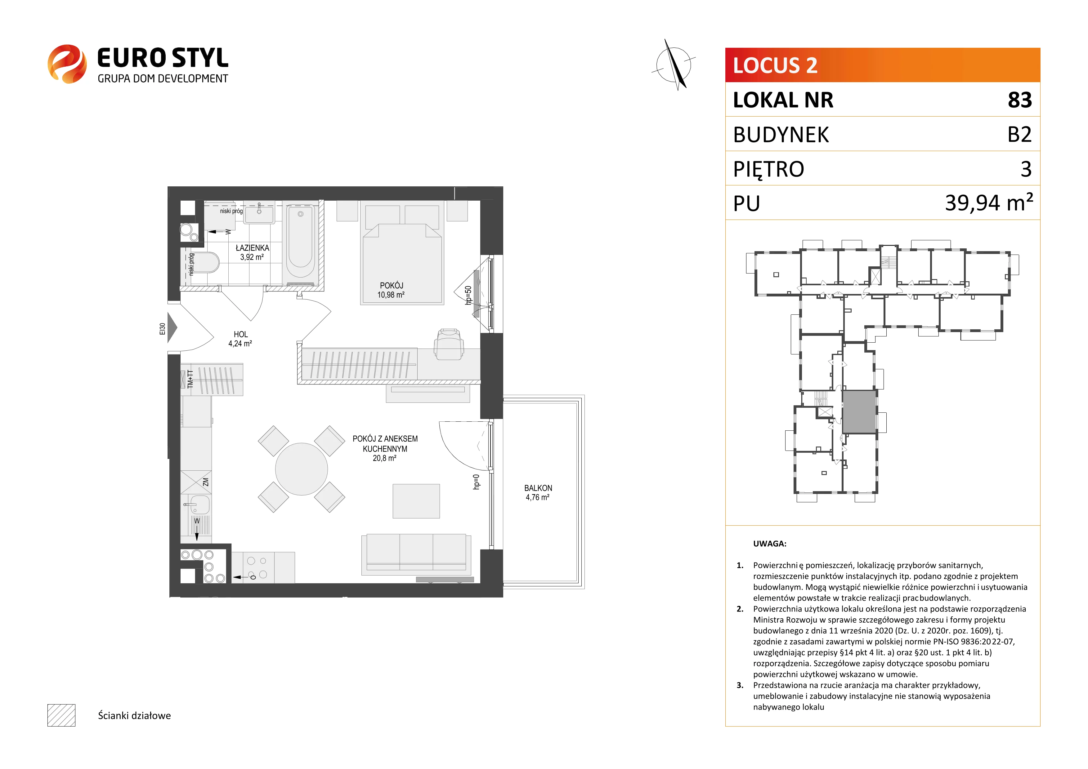 2 pokoje, mieszkanie 39,94 m², piętro 3, oferta nr B2/83, Locus 2 - etap II, Rumia, Janowo, ul. Dąbrowskiego
