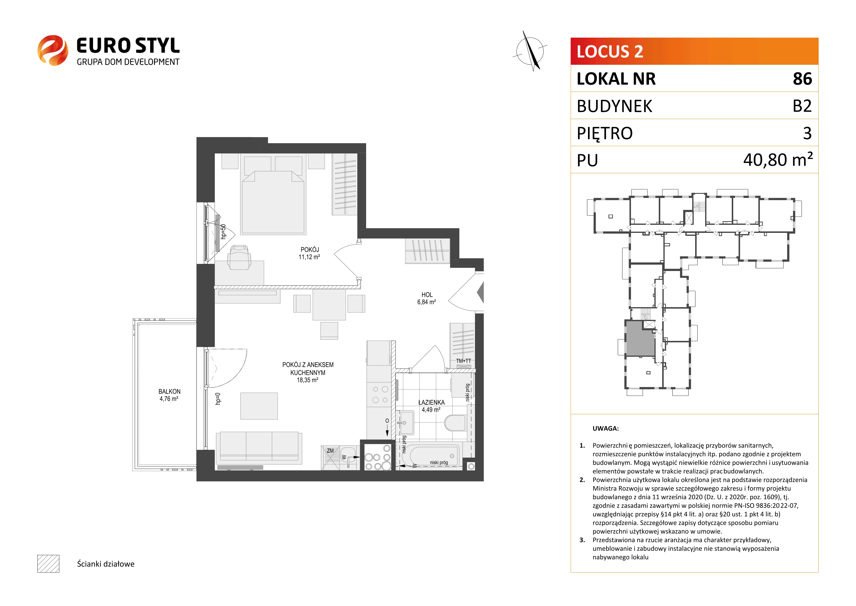 2 pokoje, mieszkanie 40,80 m², piętro 3, oferta nr B2/86, Locus 2 - etap II, Rumia, Janowo, ul. Dąbrowskiego