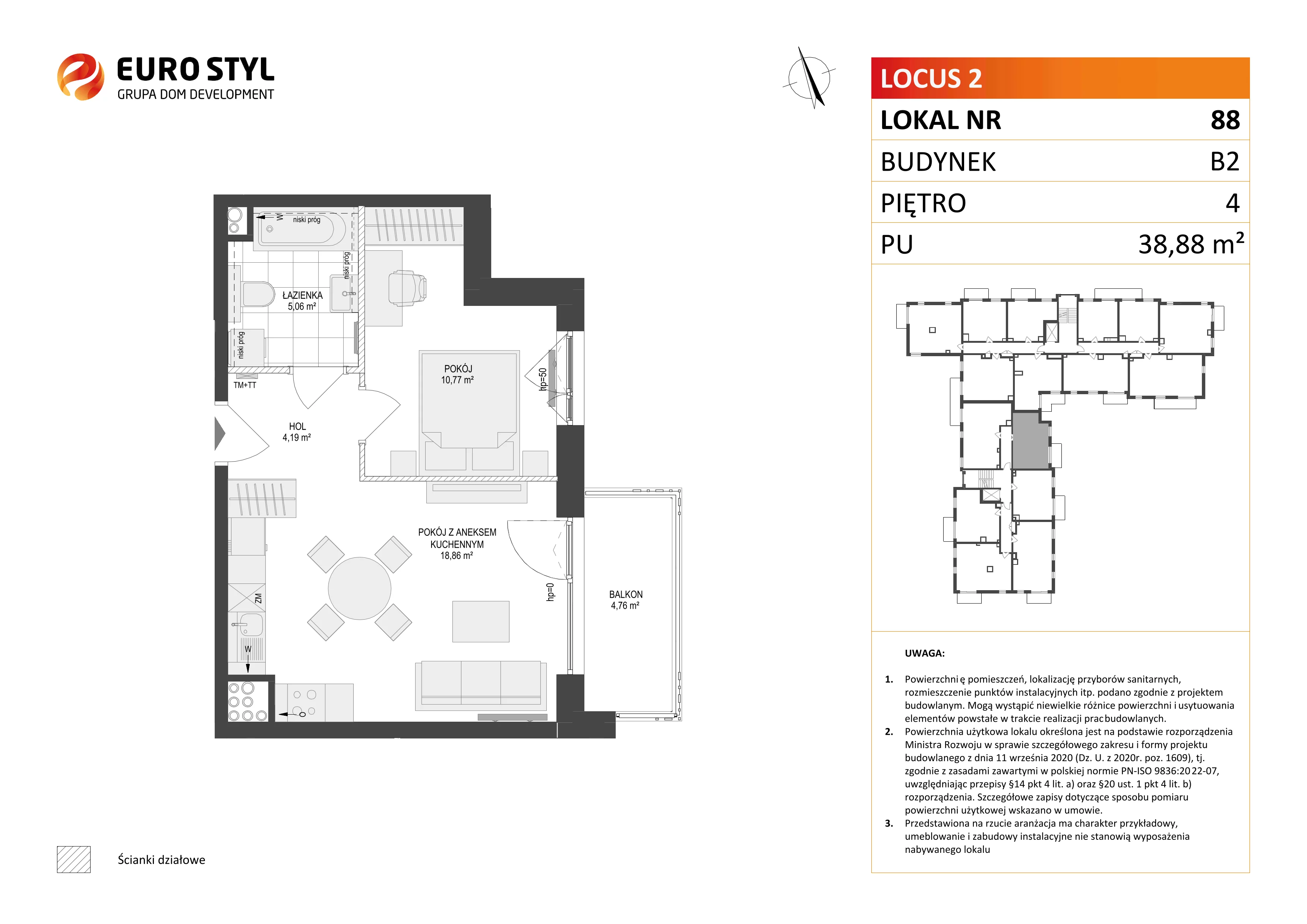 2 pokoje, mieszkanie 38,88 m², piętro 4, oferta nr B2/88, Locus 2 - etap II, Rumia, Janowo, ul. Dąbrowskiego