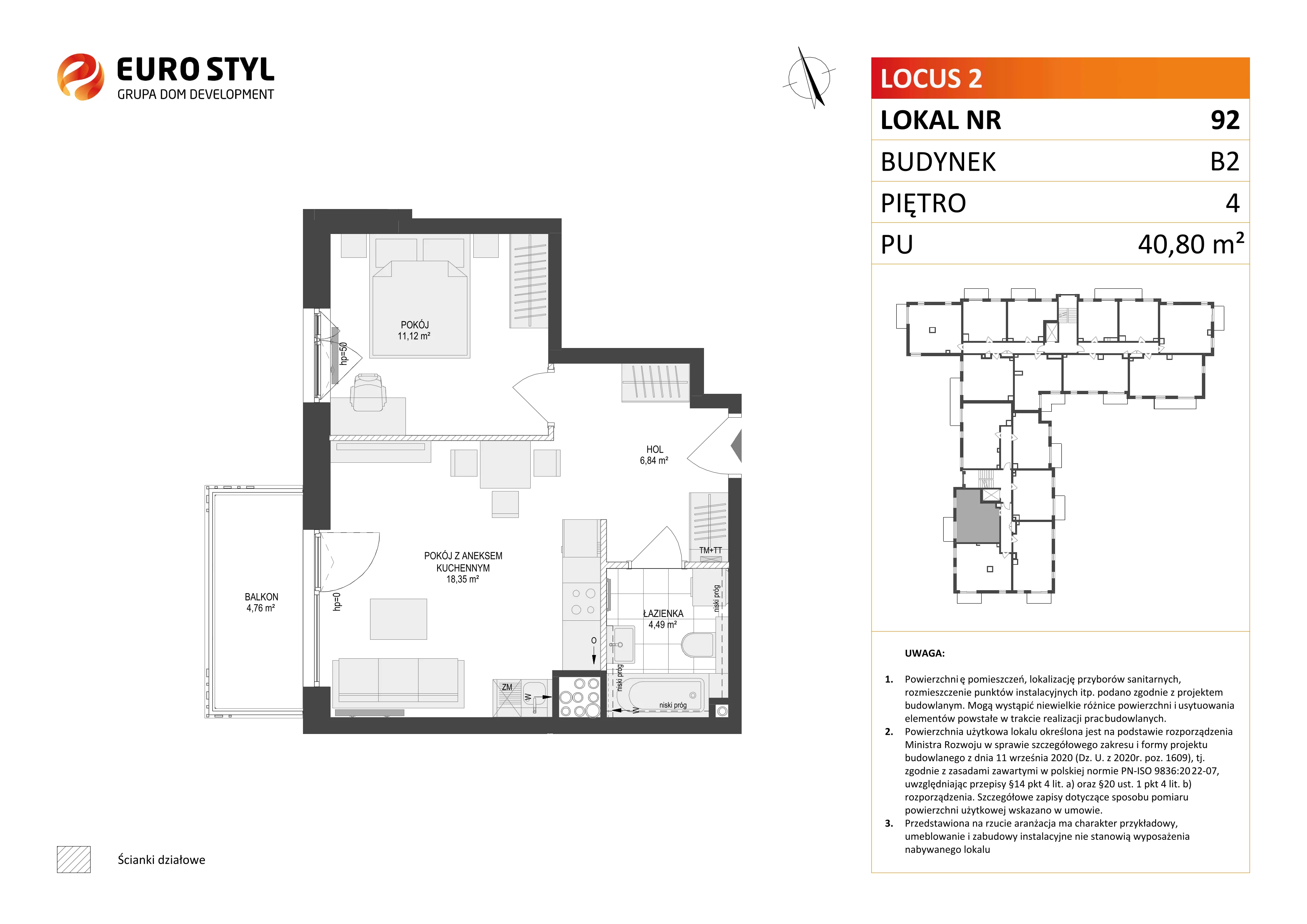 2 pokoje, mieszkanie 40,80 m², piętro 4, oferta nr B2/92, Locus 2 - etap II, Rumia, Janowo, ul. Dąbrowskiego