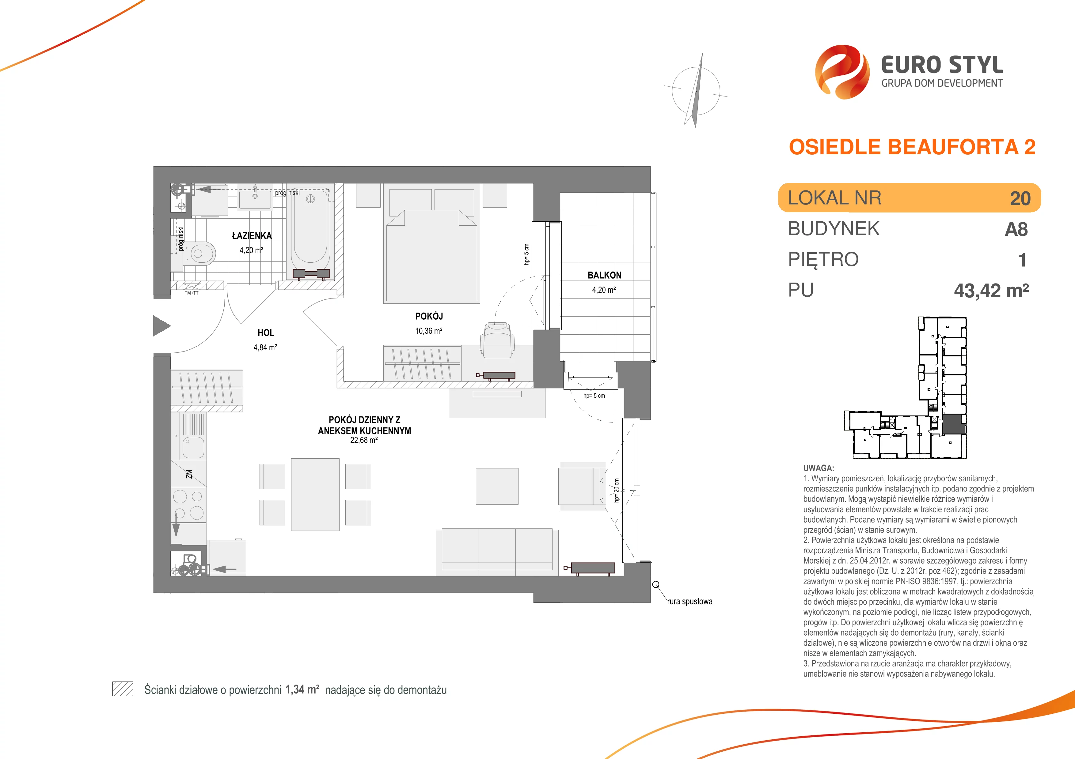 Mieszkanie 43,42 m², piętro 1, oferta nr A8/20, Osiedle Beauforta 2, Gdynia, Pogórze, ul. H. Derdowskiego