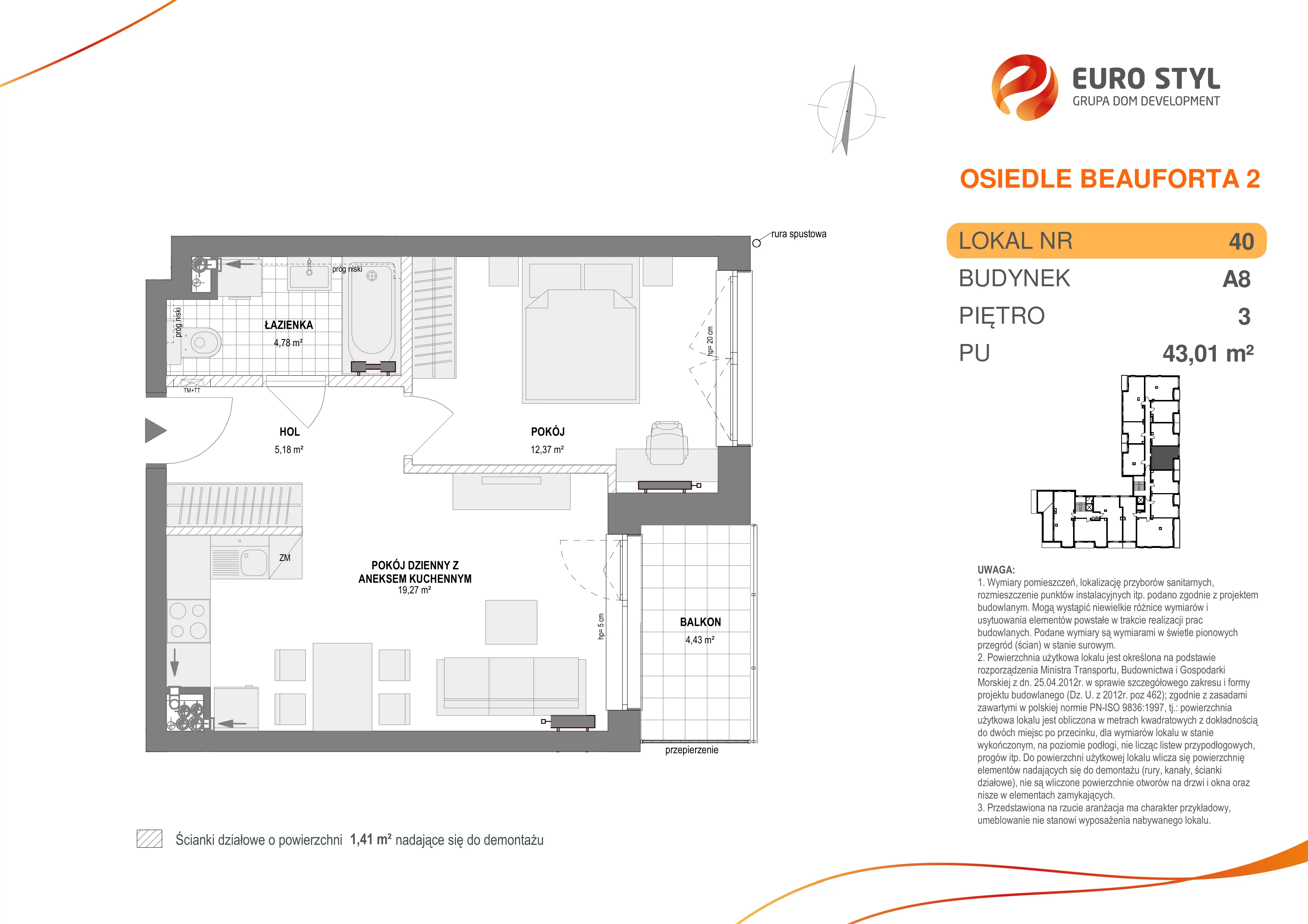 Mieszkanie 43,01 m², piętro 3, oferta nr A8/40, Osiedle Beauforta 2, Gdynia, Pogórze, ul. H. Derdowskiego