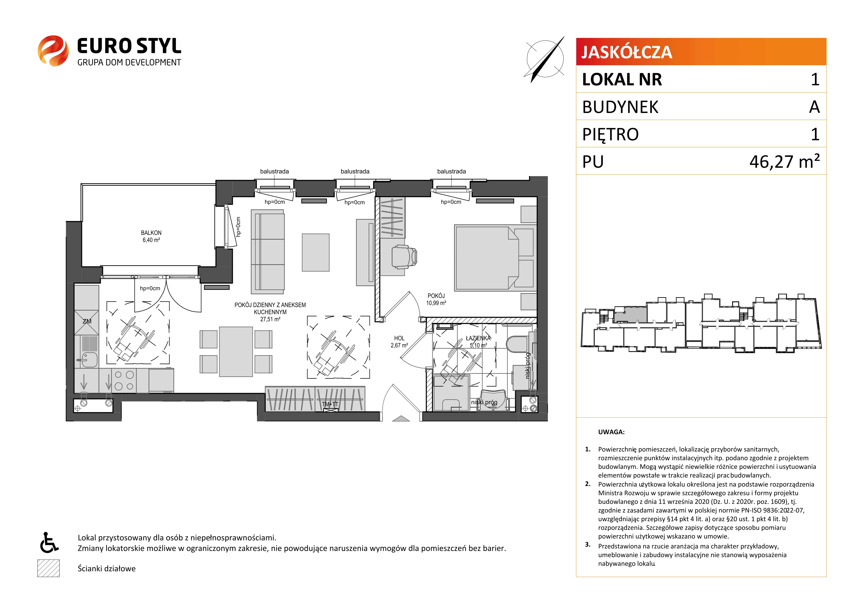 2 pokoje, mieszkanie 46,27 m², piętro 1, oferta nr A/1, Jaskółcza, Gdańsk, Śródmieście, Dolne Miasto, ul. Jaskółcza