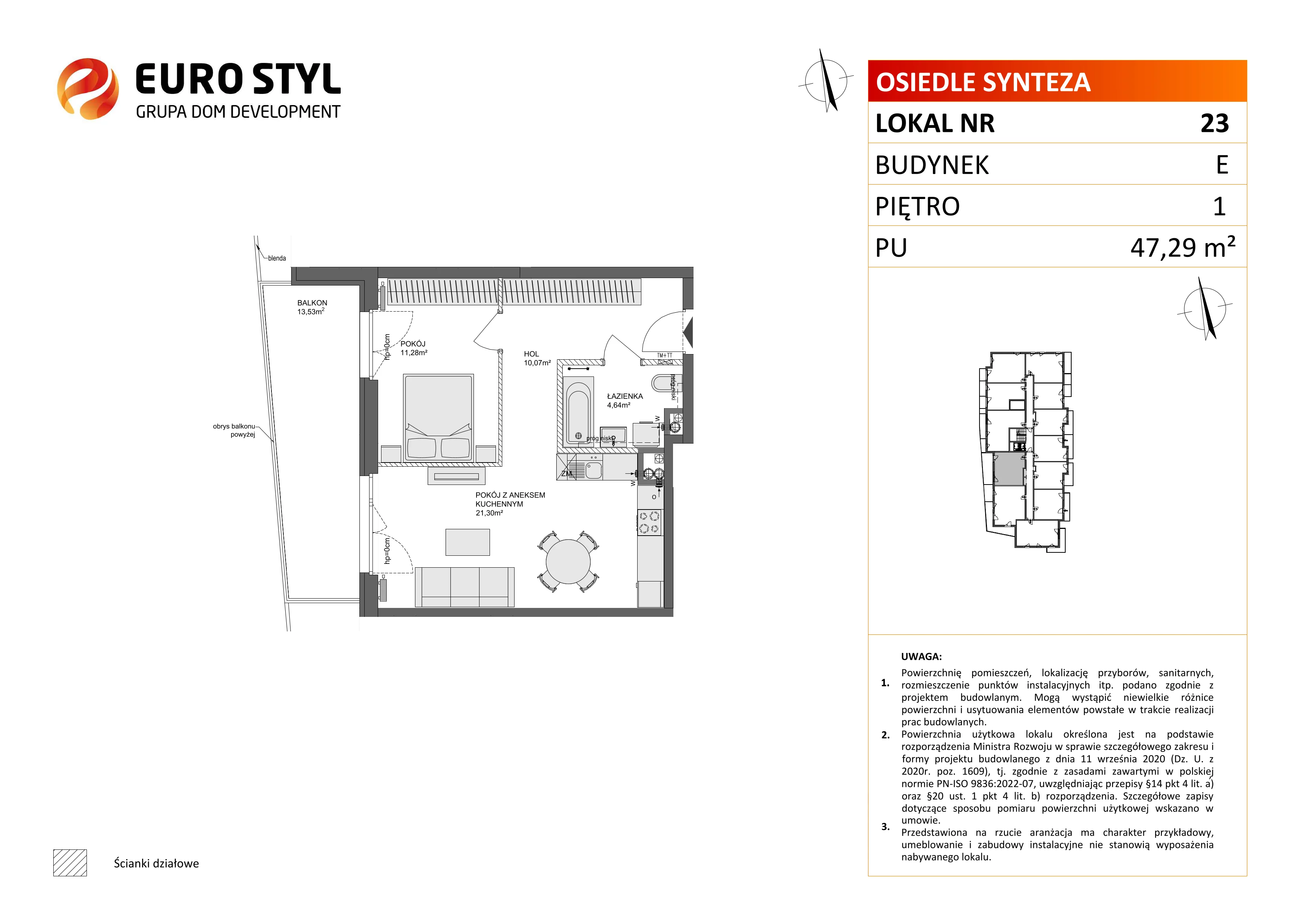 2 pokoje, mieszkanie 47,29 m², piętro 1, oferta nr E/23, Osiedle Synteza bud. E, F, Gdańsk, Piecki-Migowo, Morena, ul. Lema