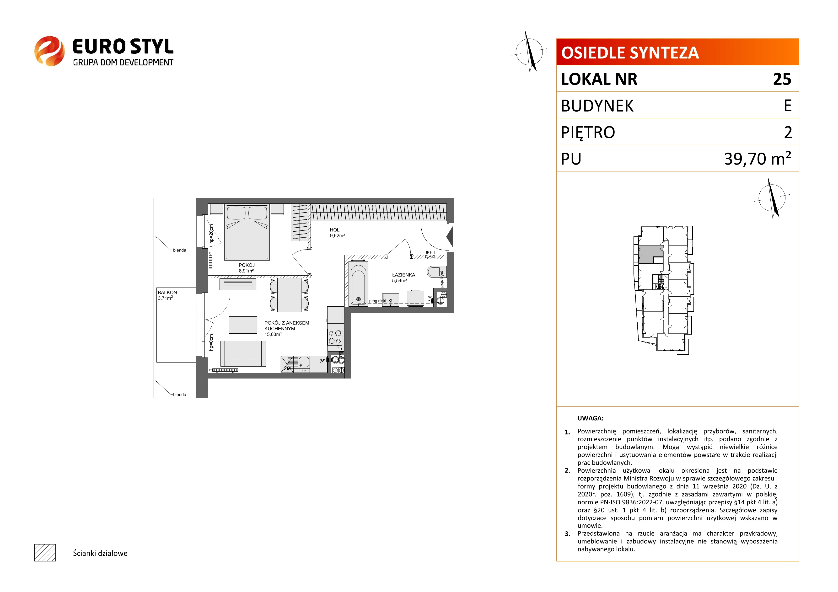 2 pokoje, mieszkanie 39,70 m², piętro 2, oferta nr E/25, Osiedle Synteza bud. E, F, Gdańsk, Piecki-Migowo, Morena, ul. Lema