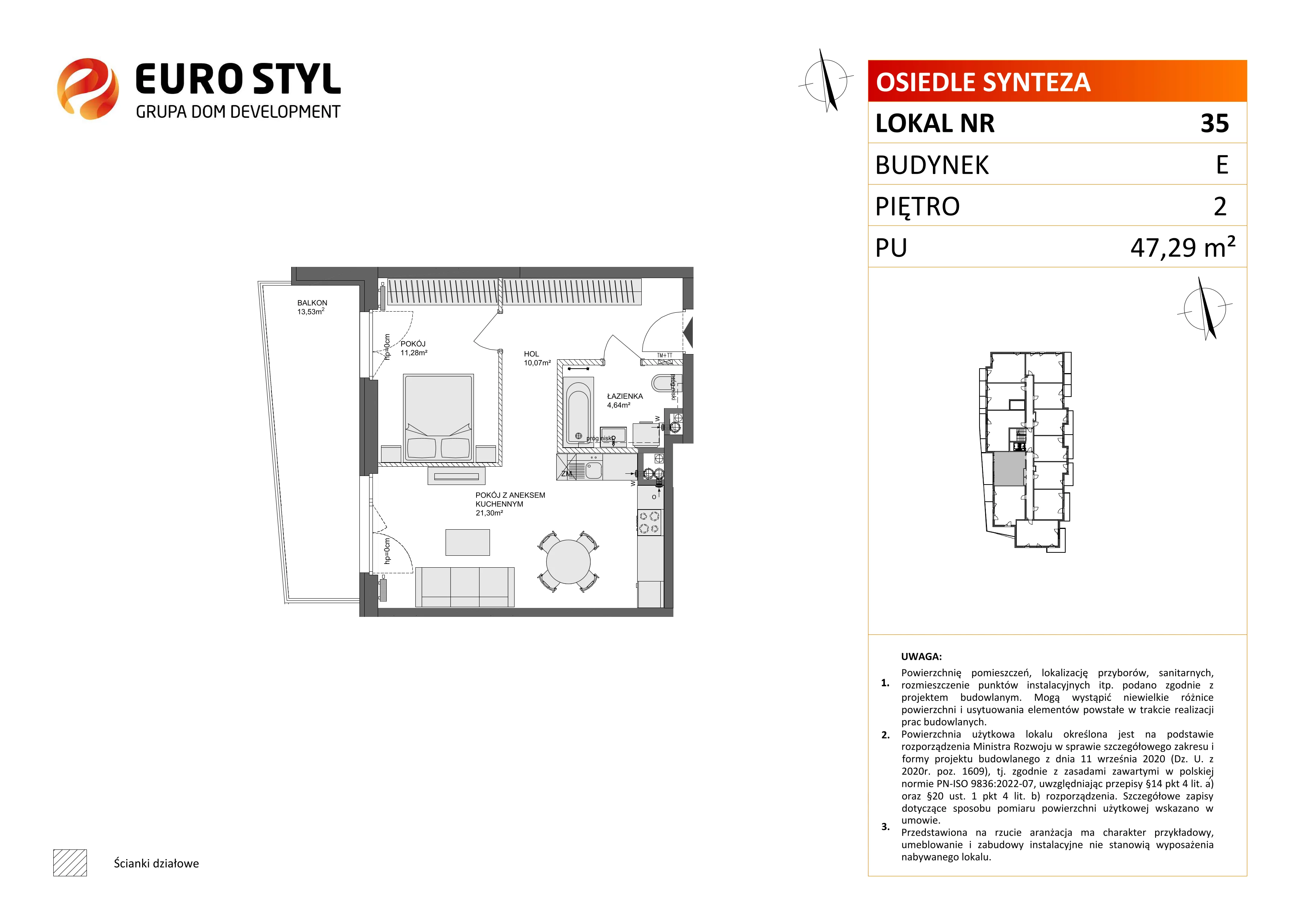 2 pokoje, mieszkanie 47,29 m², piętro 2, oferta nr E/35, Osiedle Synteza bud. E, F, Gdańsk, Piecki-Migowo, Morena, ul. Lema
