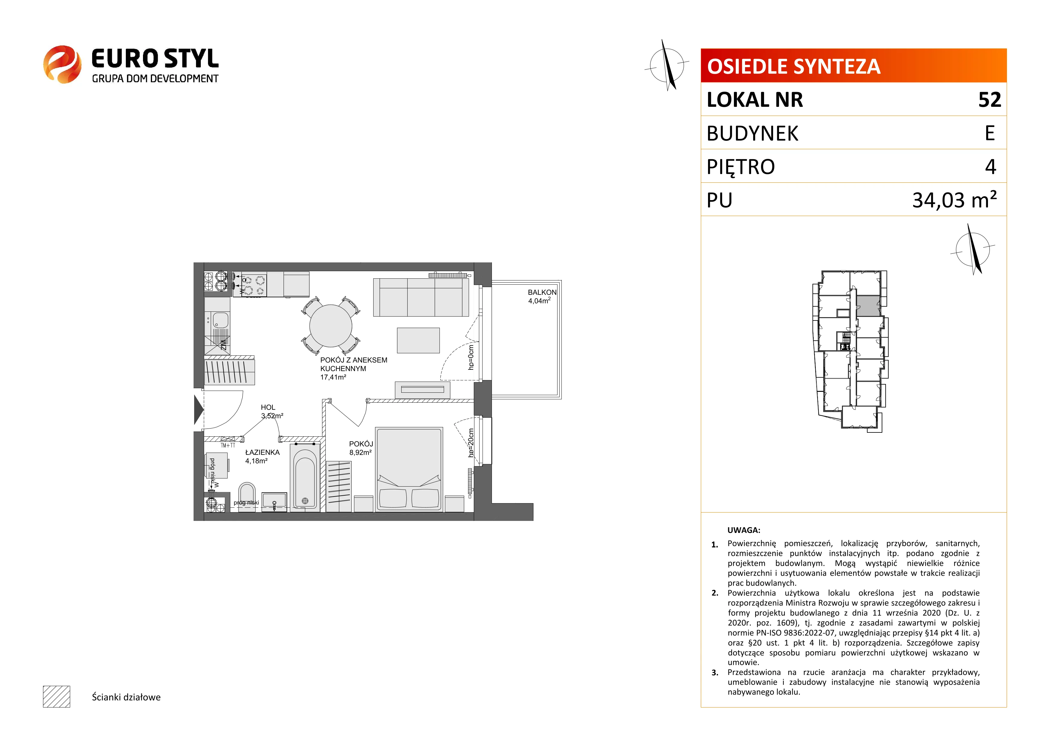 2 pokoje, mieszkanie 34,03 m², piętro 4, oferta nr E/52, Osiedle Synteza bud. E, F, Gdańsk, Piecki-Migowo, Morena, ul. Lema