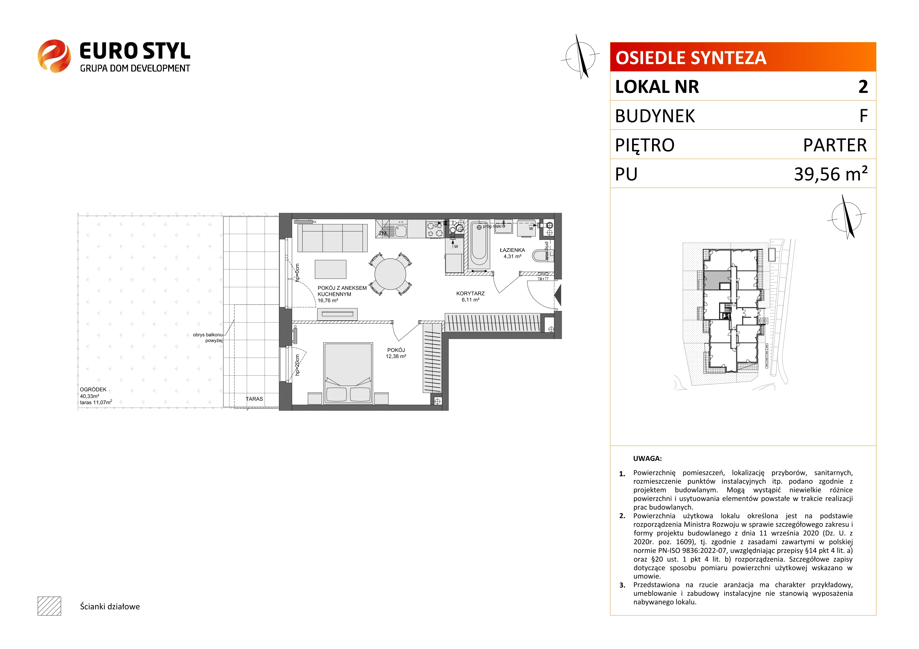 2 pokoje, mieszkanie 39,56 m², parter, oferta nr F/2, Osiedle Synteza bud. E, F, Gdańsk, Piecki-Migowo, Morena, ul. Lema
