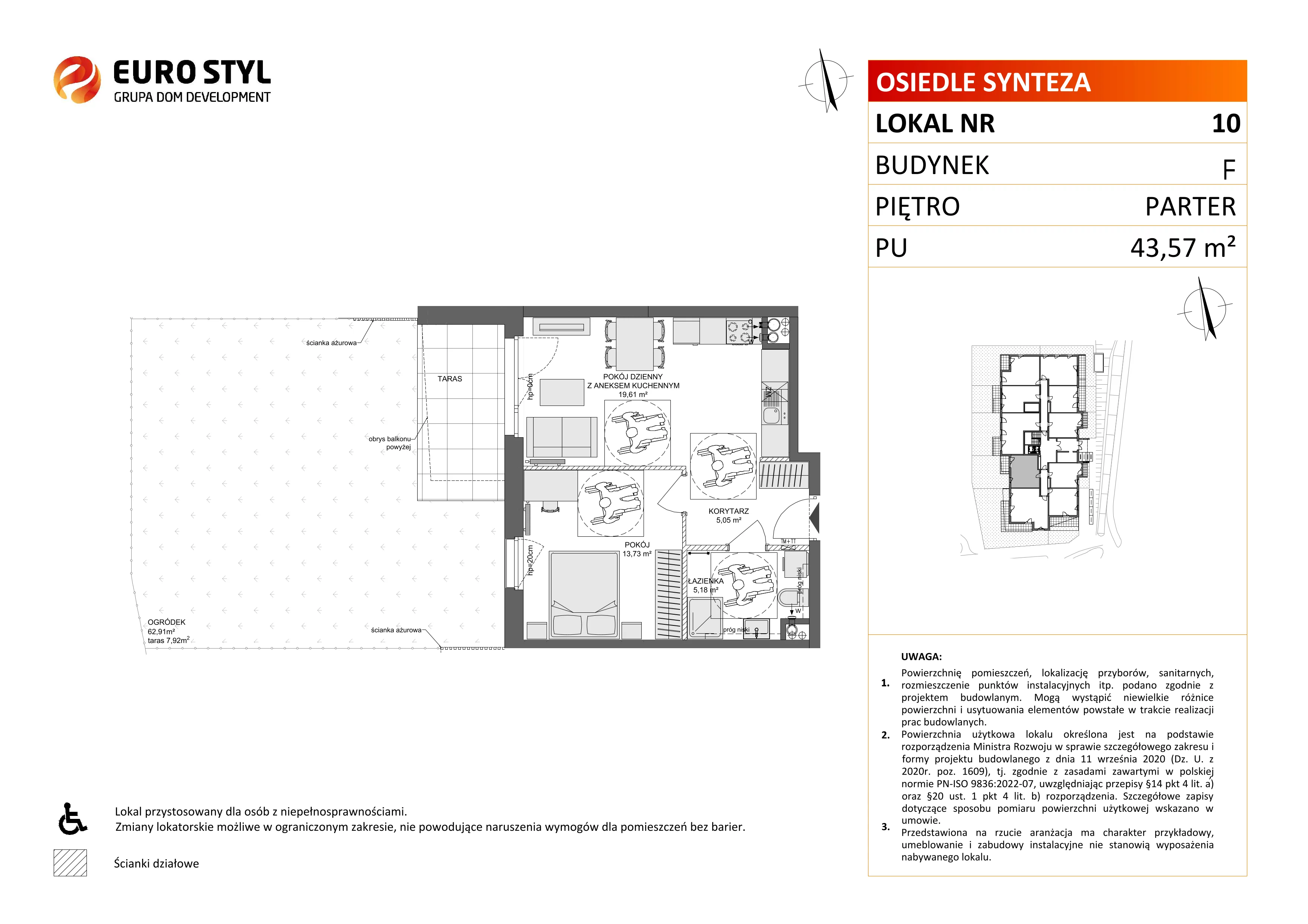 2 pokoje, mieszkanie 43,57 m², parter, oferta nr F/10, Osiedle Synteza bud. E, F, Gdańsk, Piecki-Migowo, Morena, ul. Lema