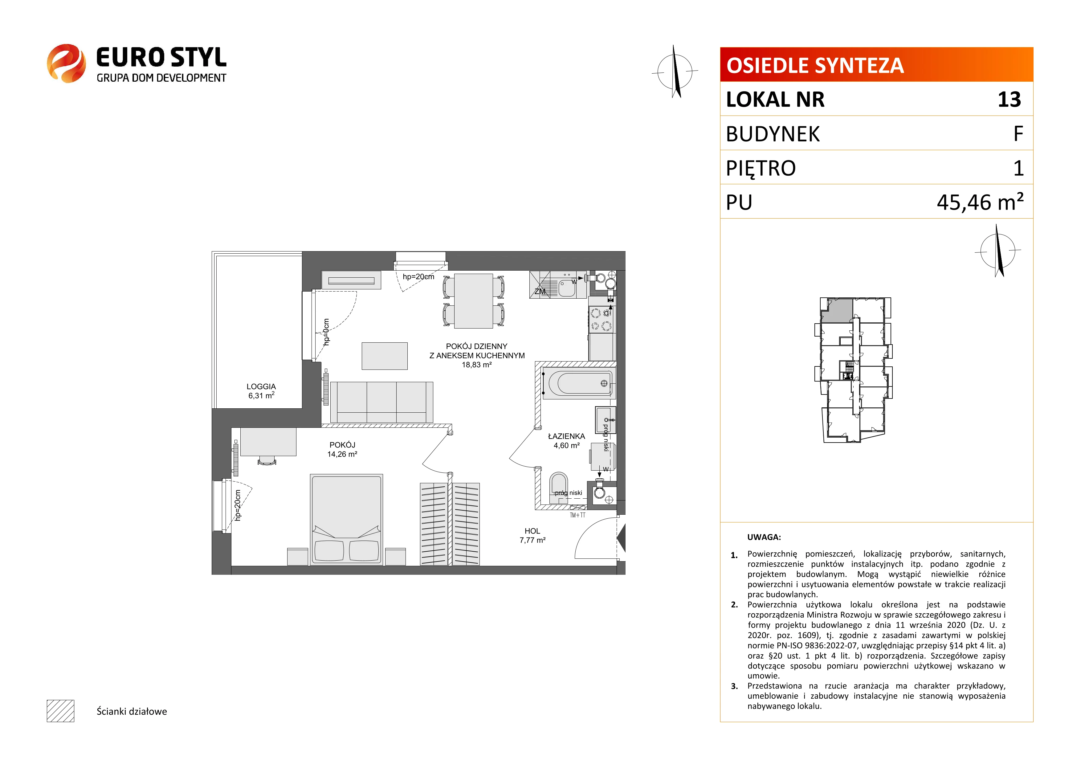 2 pokoje, mieszkanie 45,46 m², piętro 1, oferta nr F/13, Osiedle Synteza bud. E, F, Gdańsk, Piecki-Migowo, Morena, ul. Lema