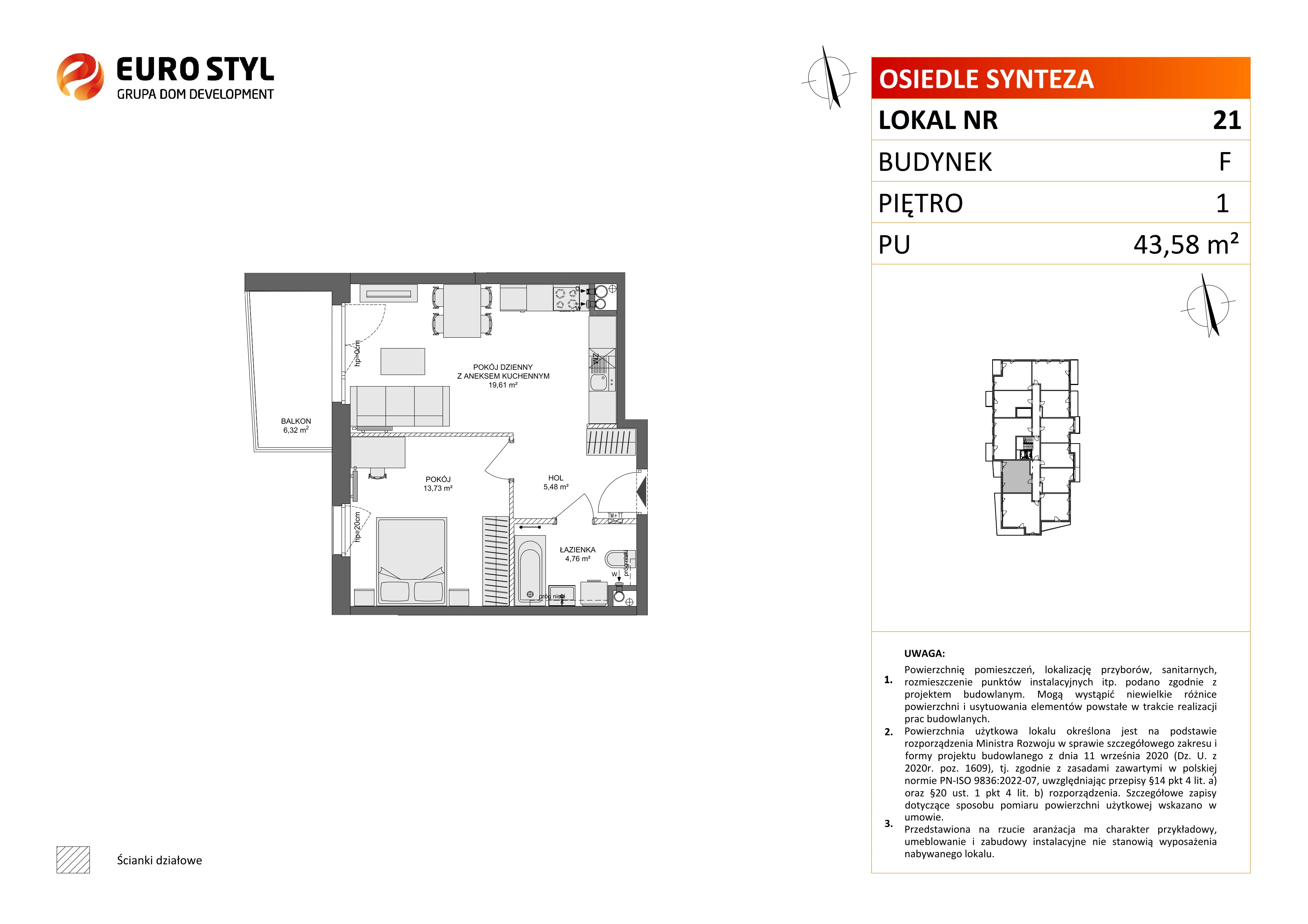 2 pokoje, mieszkanie 43,58 m², piętro 1, oferta nr F/21, Osiedle Synteza bud. E, F, Gdańsk, Piecki-Migowo, Morena, ul. Lema