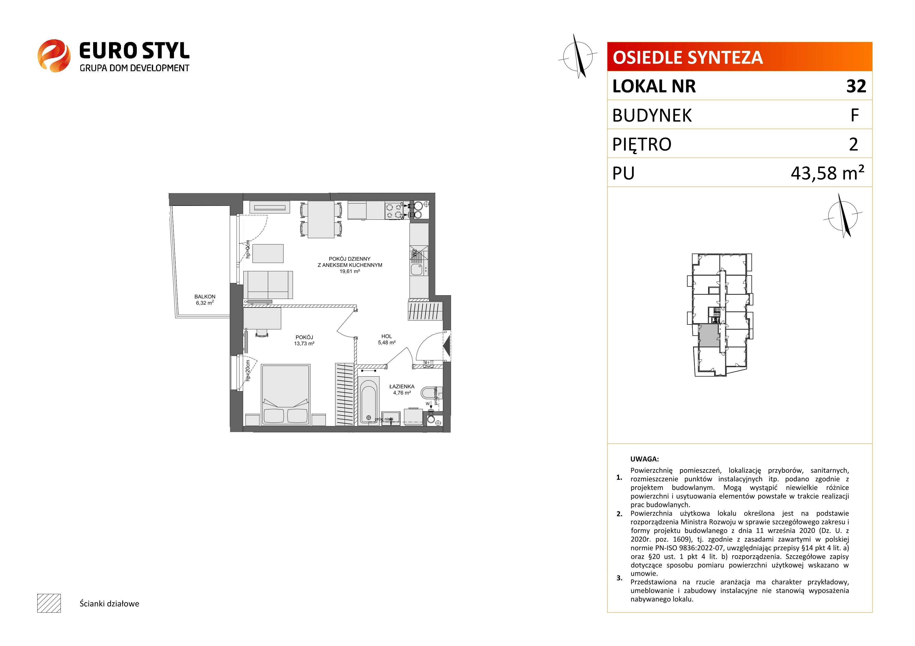 2 pokoje, mieszkanie 43,58 m², piętro 2, oferta nr F/32, Osiedle Synteza bud. E, F, Gdańsk, Piecki-Migowo, Morena, ul. Lema