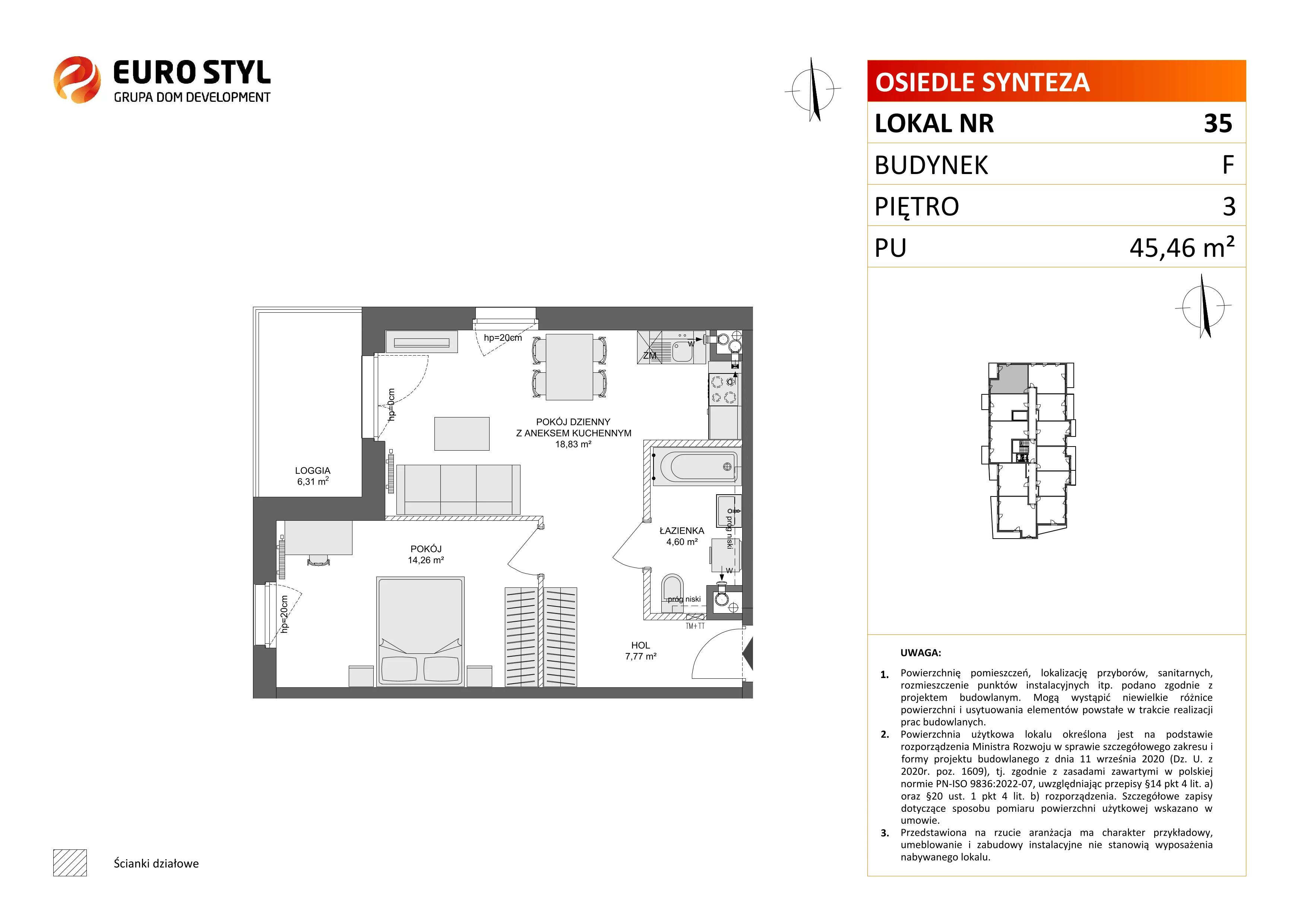 2 pokoje, mieszkanie 45,46 m², piętro 3, oferta nr F/35, Osiedle Synteza bud. E, F, Gdańsk, Piecki-Migowo, Morena, ul. Lema