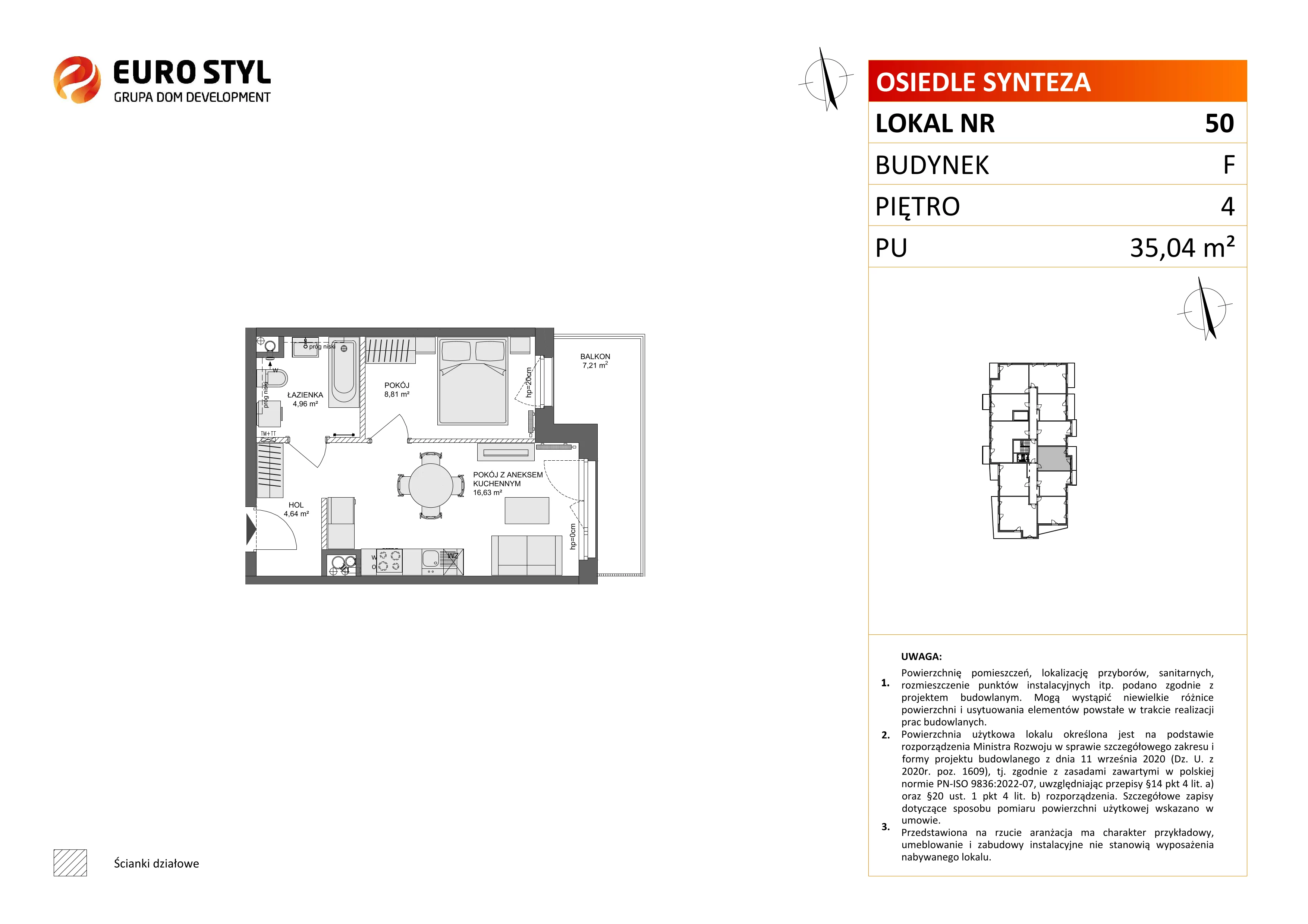 2 pokoje, mieszkanie 35,04 m², piętro 4, oferta nr F/50, Osiedle Synteza bud. E, F, Gdańsk, Piecki-Migowo, Morena, ul. Lema