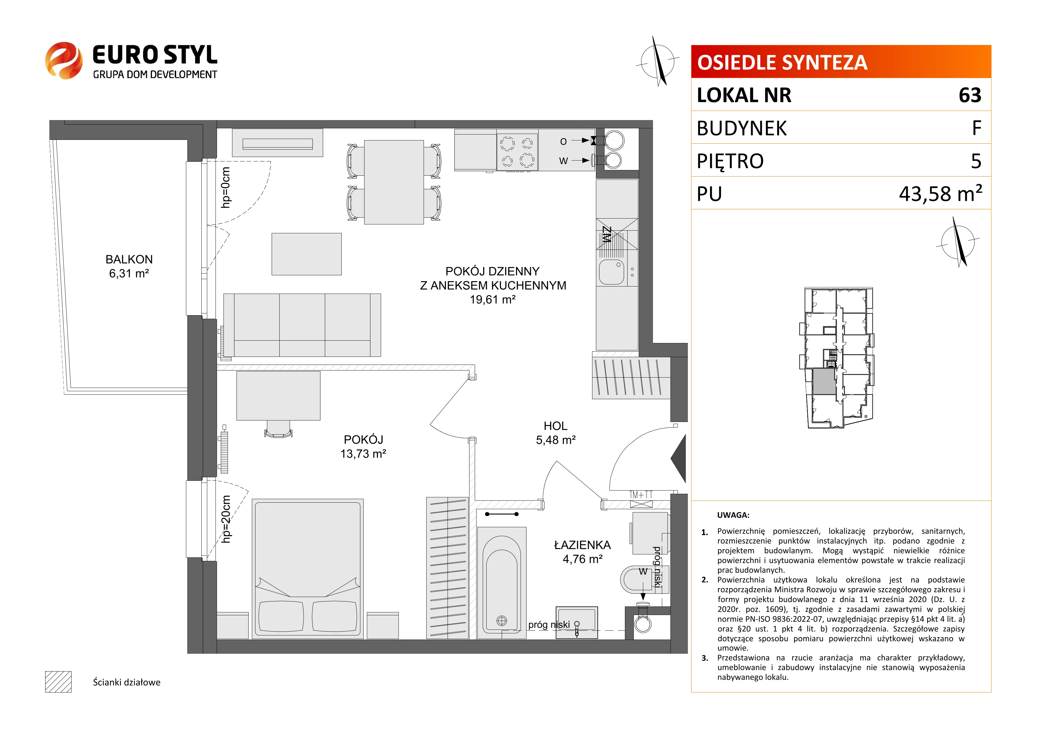 2 pokoje, mieszkanie 43,58 m², piętro 5, oferta nr F/63, Osiedle Synteza bud. E, F, Gdańsk, Piecki-Migowo, Morena, ul. Lema
