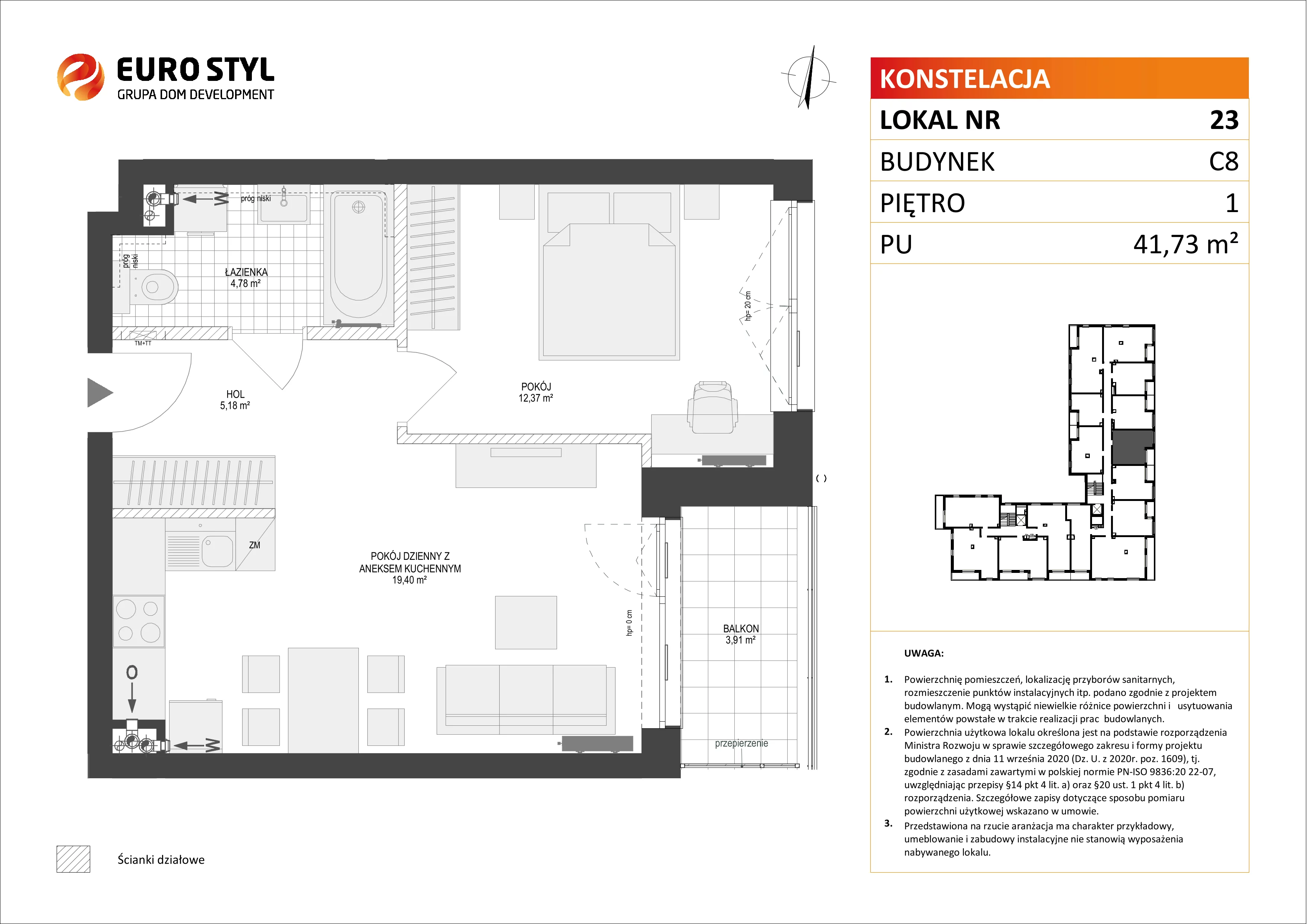 Mieszkanie 41,73 m², piętro 1, oferta nr C8/23, Konstelacja etap II, Gdynia, Pogórze, ul. Paderewskiego