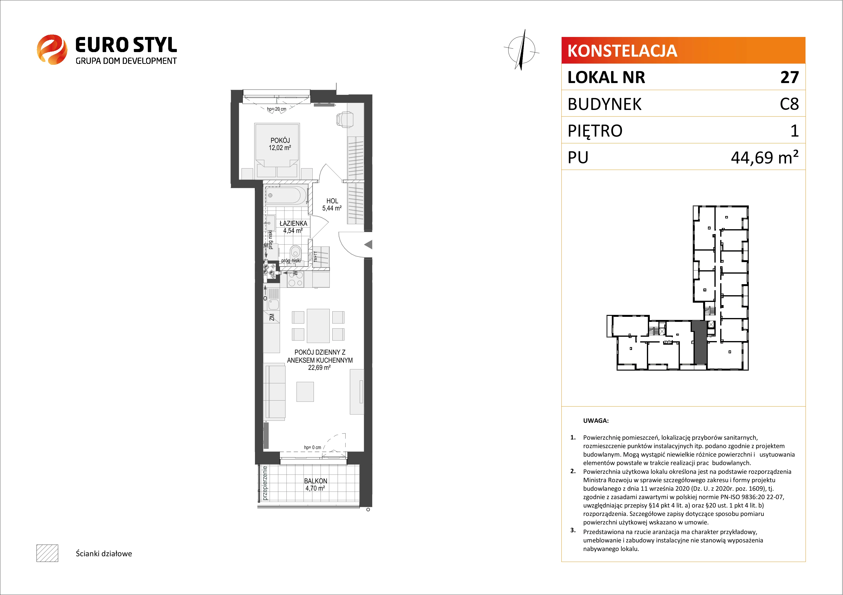 Mieszkanie 44,69 m², piętro 1, oferta nr C8/27, Konstelacja etap II, Gdynia, Pogórze, ul. Paderewskiego