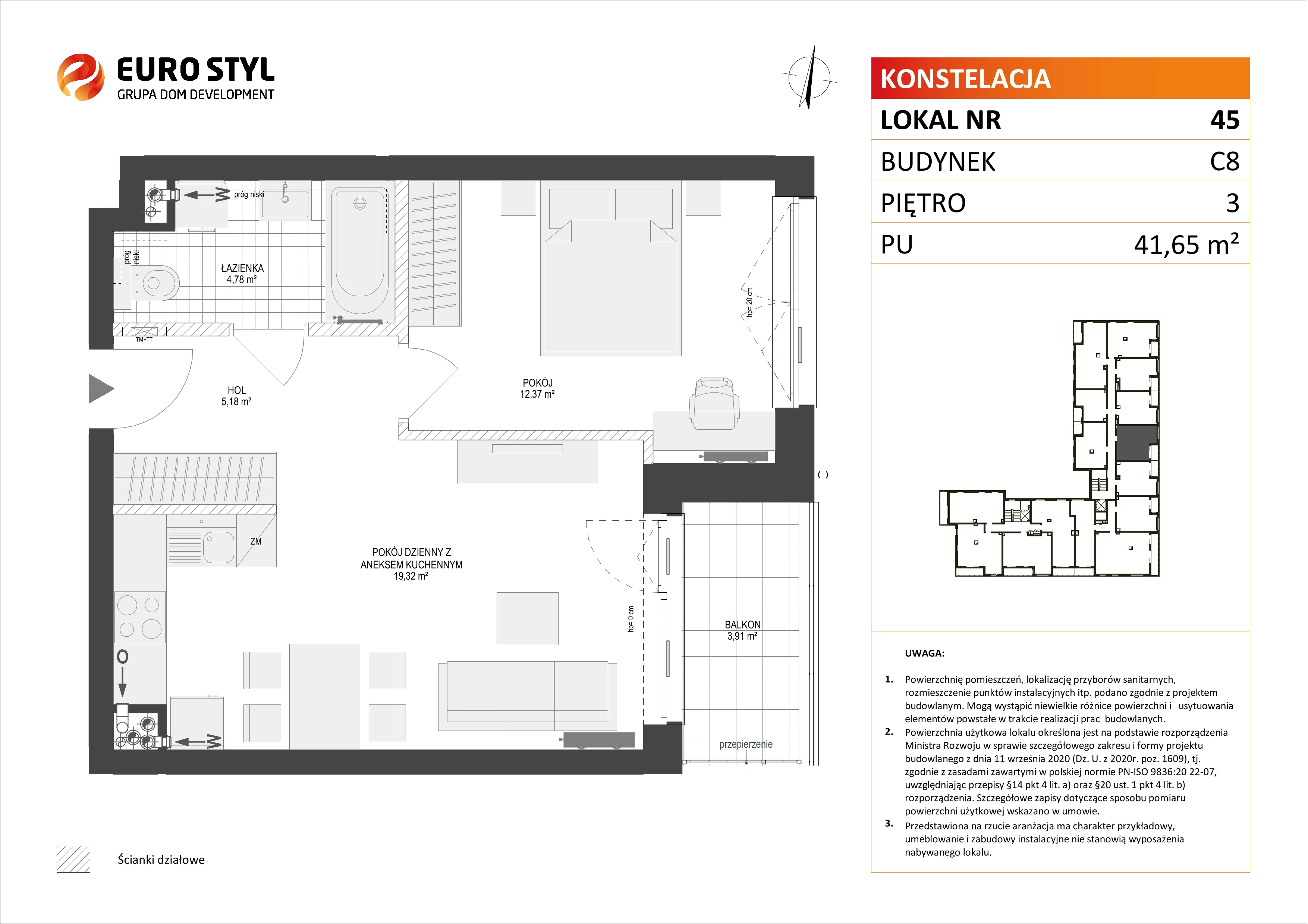 Mieszkanie 41,65 m², piętro 3, oferta nr C8/45, Konstelacja etap II, Gdynia, Pogórze, ul. Paderewskiego