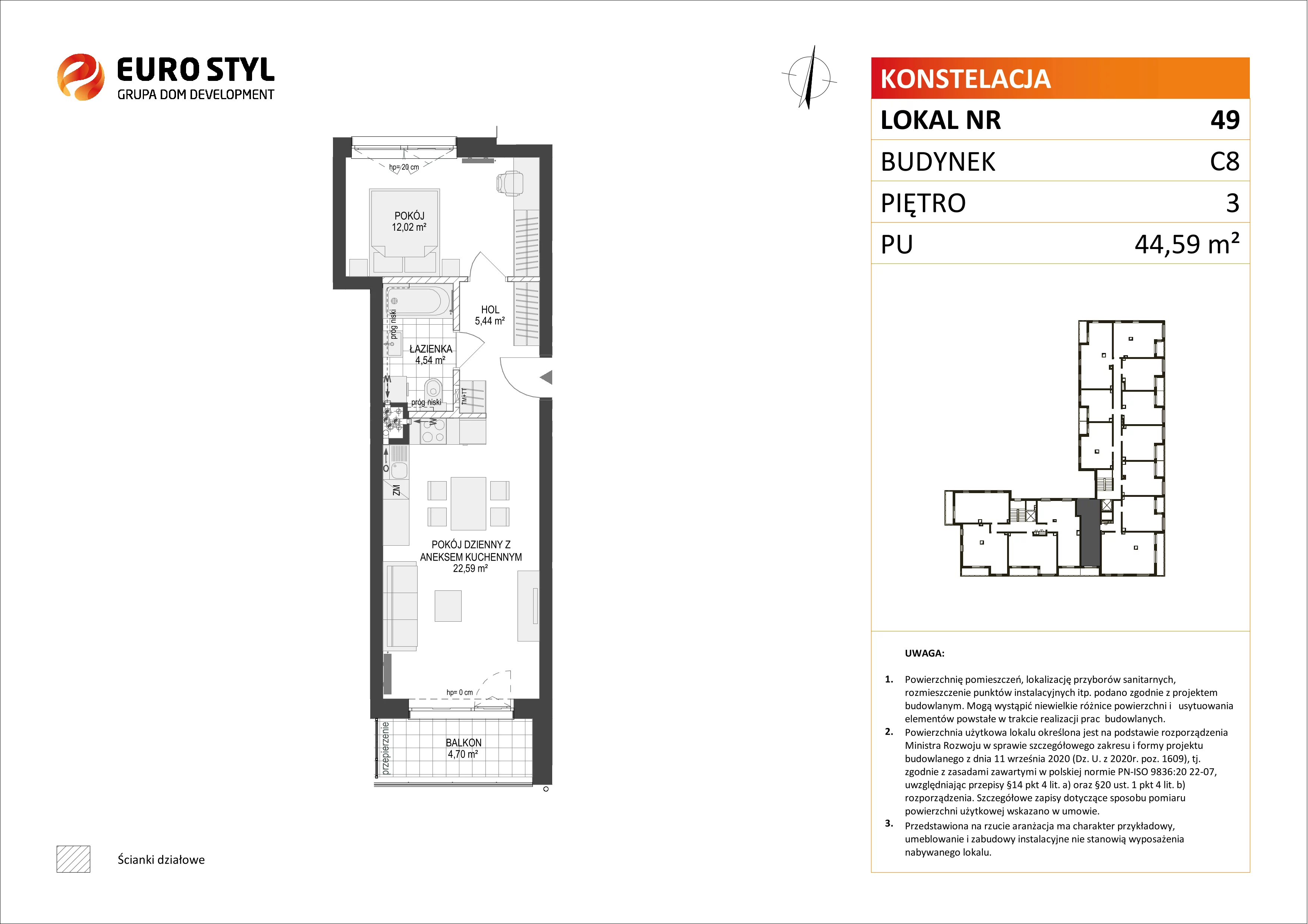 Mieszkanie 44,59 m², piętro 3, oferta nr C8/49, Konstelacja etap II, Gdynia, Pogórze, ul. Paderewskiego