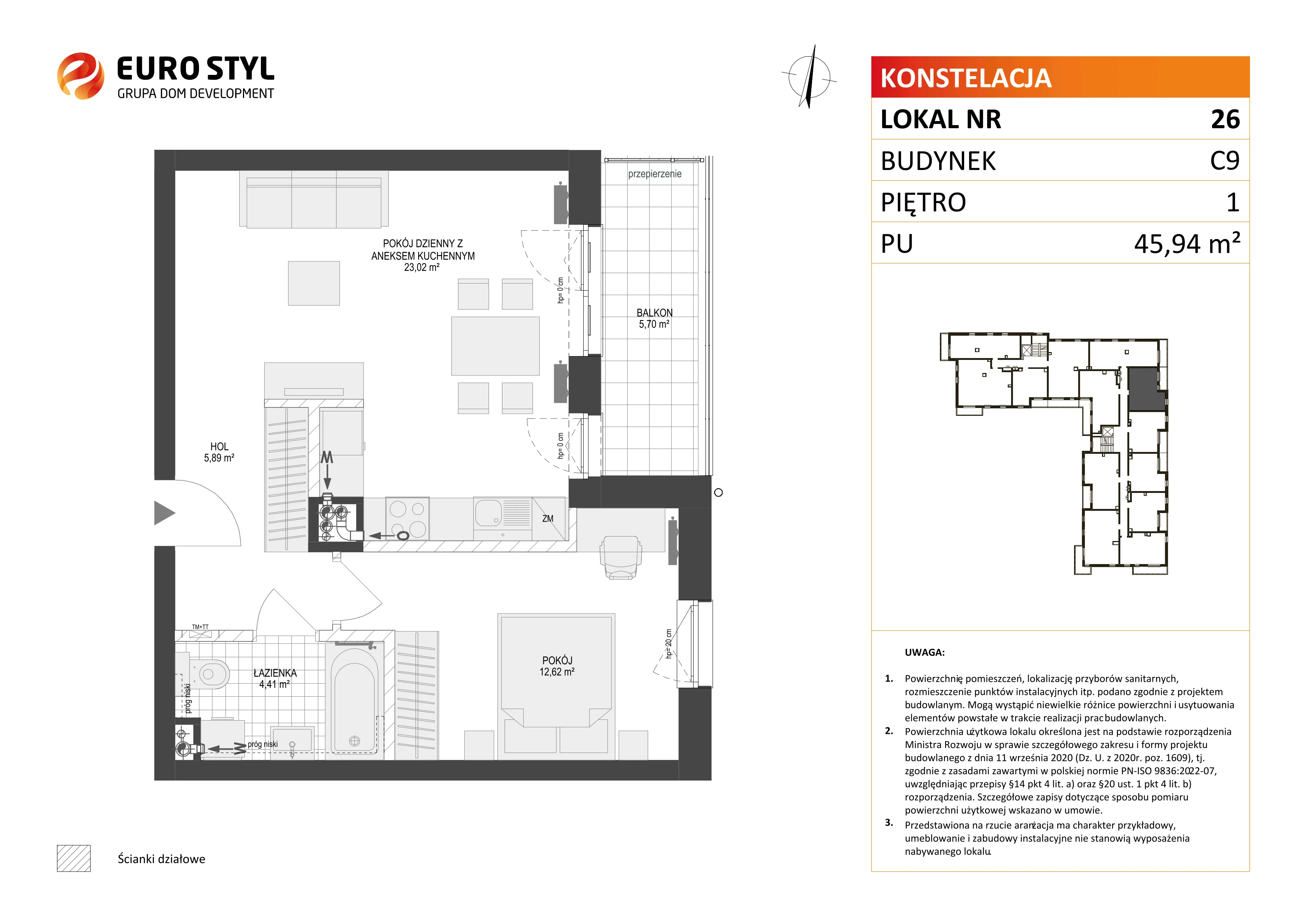 2 pokoje, mieszkanie 45,94 m², piętro 1, oferta nr C9/26, Konstelacja - etap III, Gdynia, Pogórze, ul. Paderewskiego