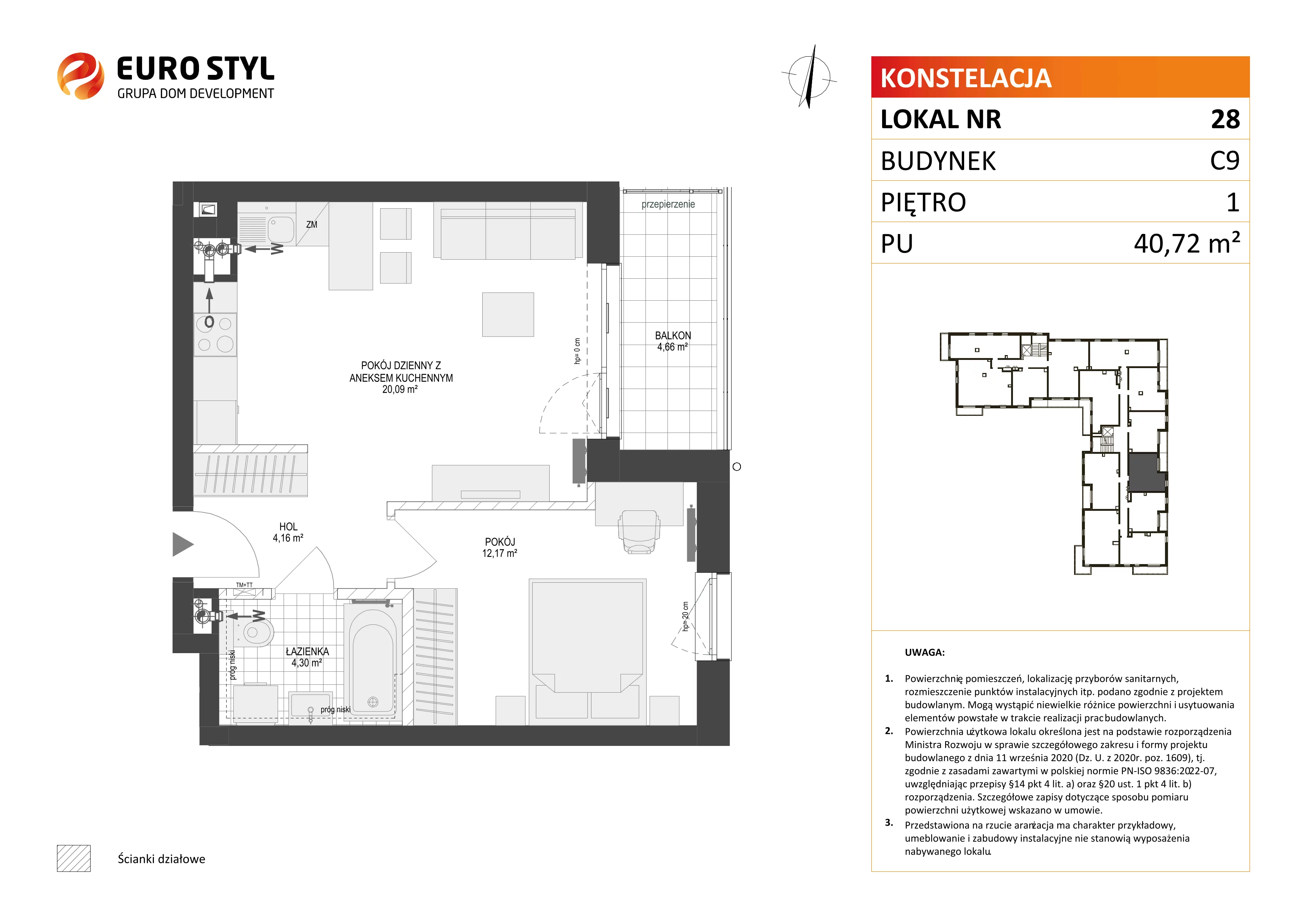 2 pokoje, mieszkanie 40,72 m², piętro 1, oferta nr C9/28, Konstelacja - etap III, Gdynia, Pogórze, ul. Paderewskiego