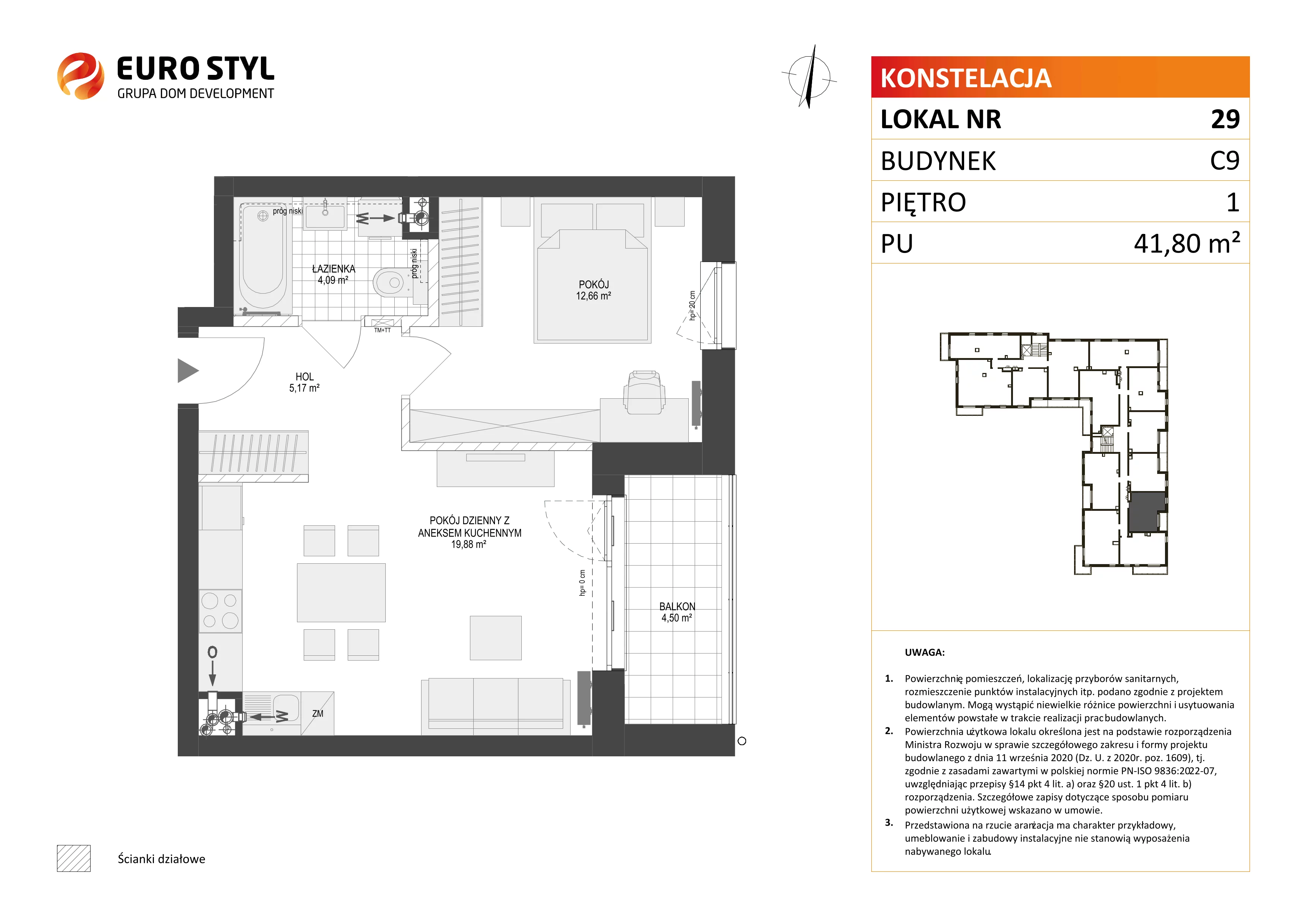 2 pokoje, mieszkanie 41,80 m², piętro 1, oferta nr C9/29, Konstelacja - etap III, Gdynia, Pogórze, ul. Paderewskiego