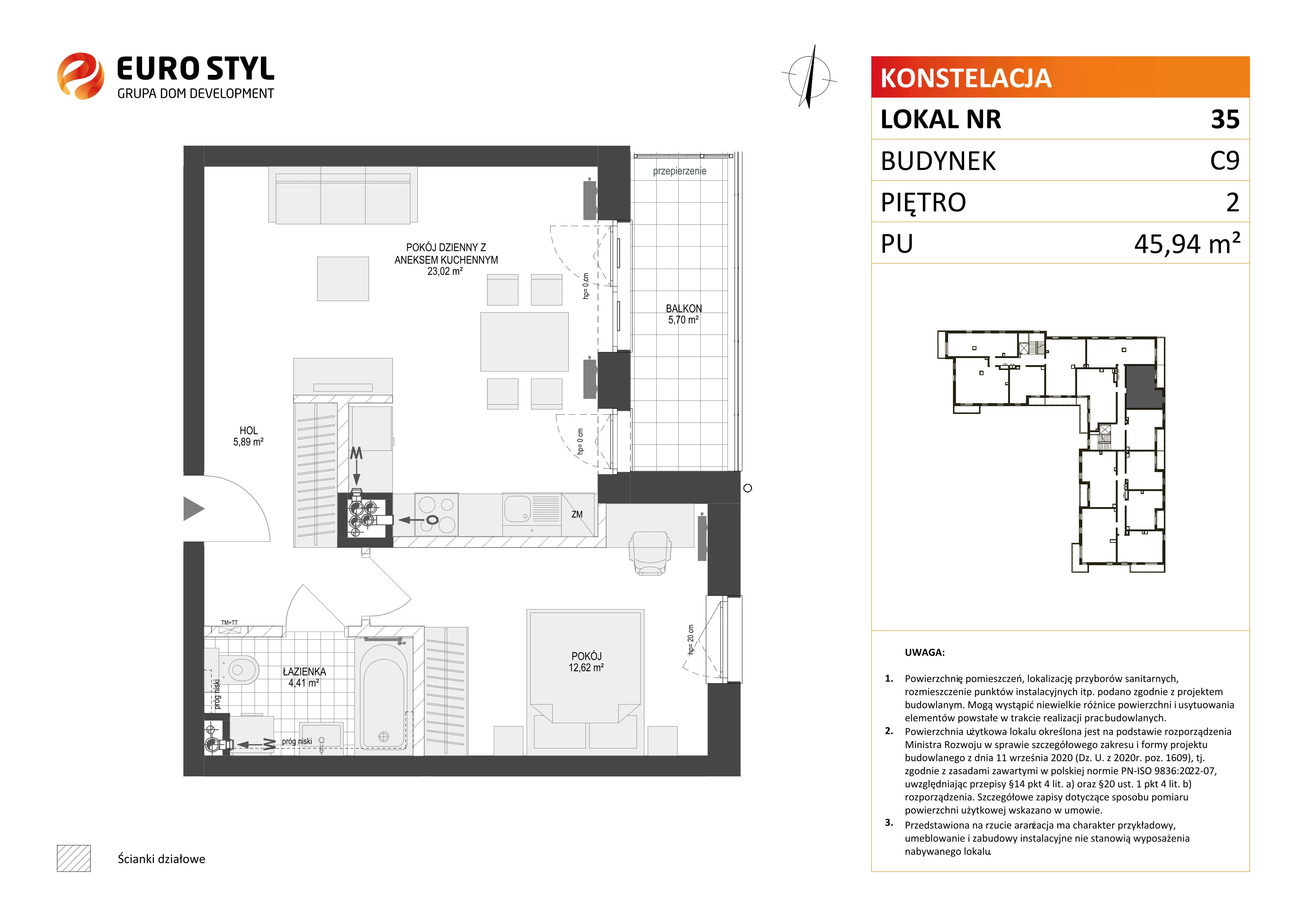 2 pokoje, mieszkanie 45,94 m², piętro 2, oferta nr C9/35, Konstelacja - etap III, Gdynia, Pogórze, ul. Paderewskiego