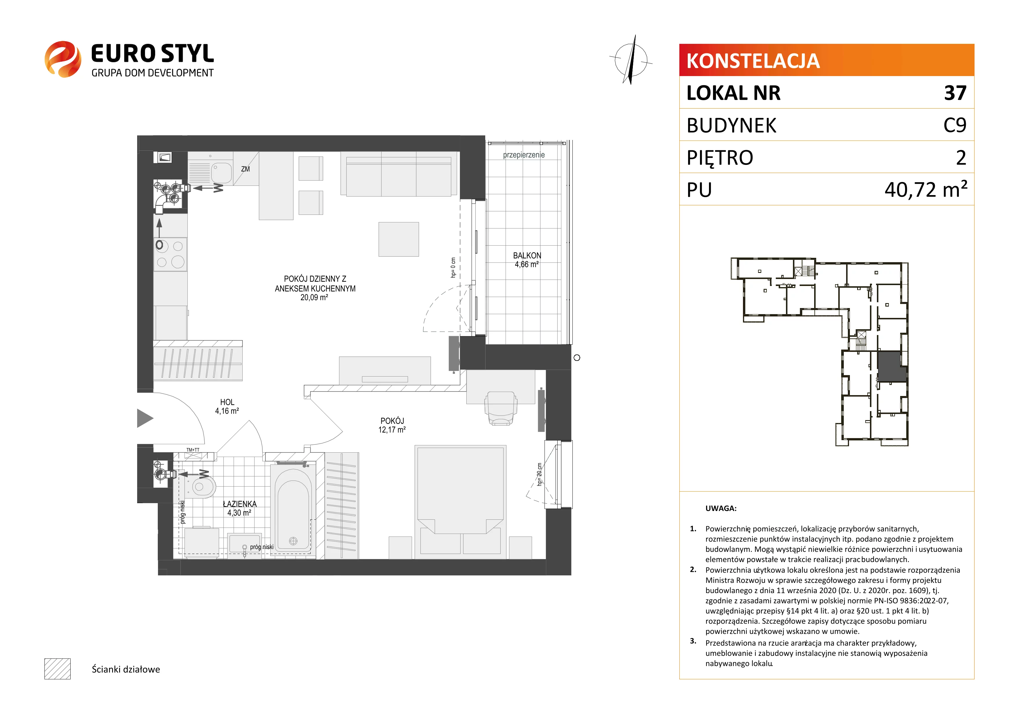 2 pokoje, mieszkanie 40,72 m², piętro 2, oferta nr C9/37, Konstelacja - etap III, Gdynia, Pogórze, ul. Paderewskiego