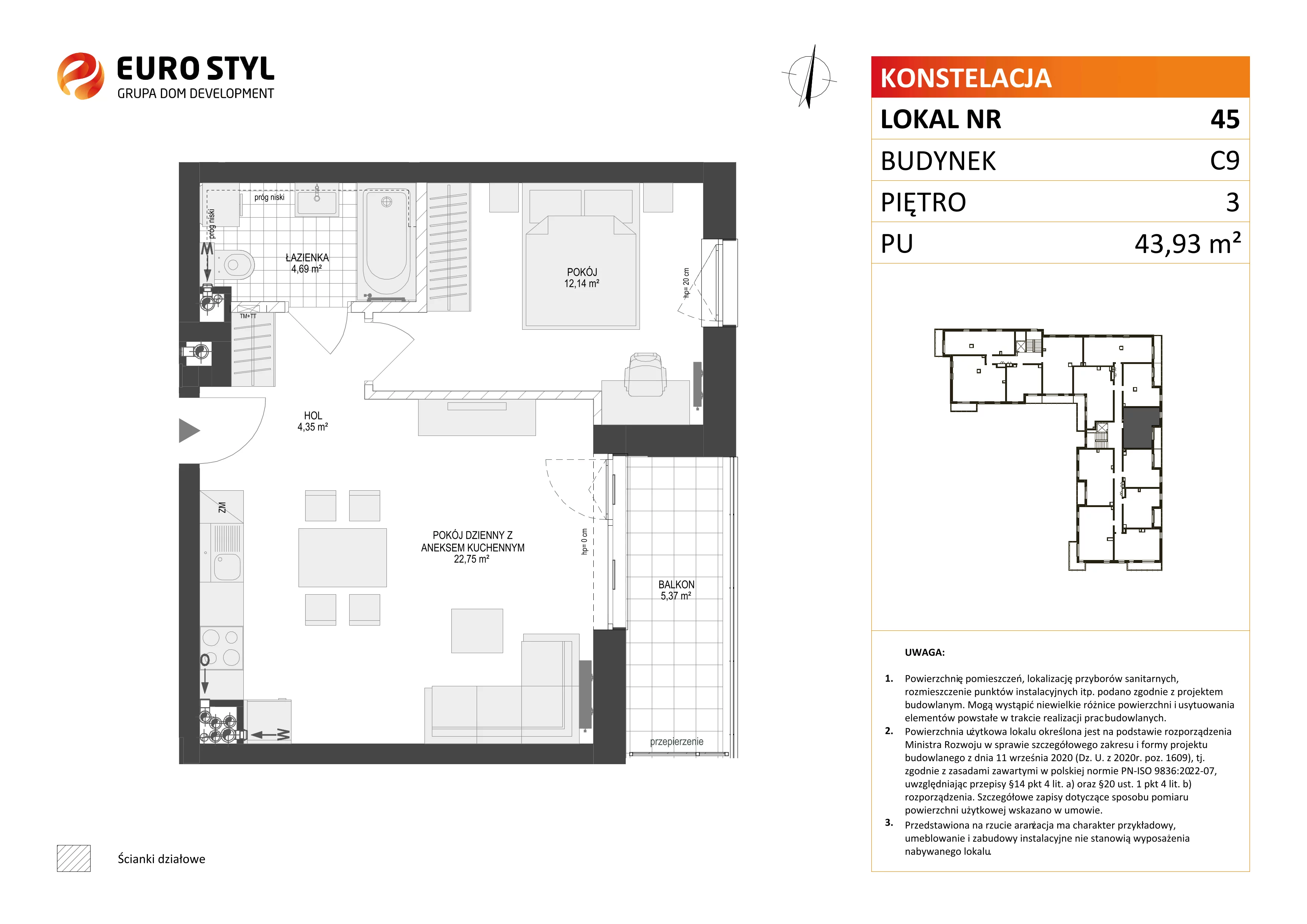 2 pokoje, mieszkanie 43,93 m², piętro 3, oferta nr C9/45, Konstelacja - etap III, Gdynia, Pogórze, ul. Paderewskiego