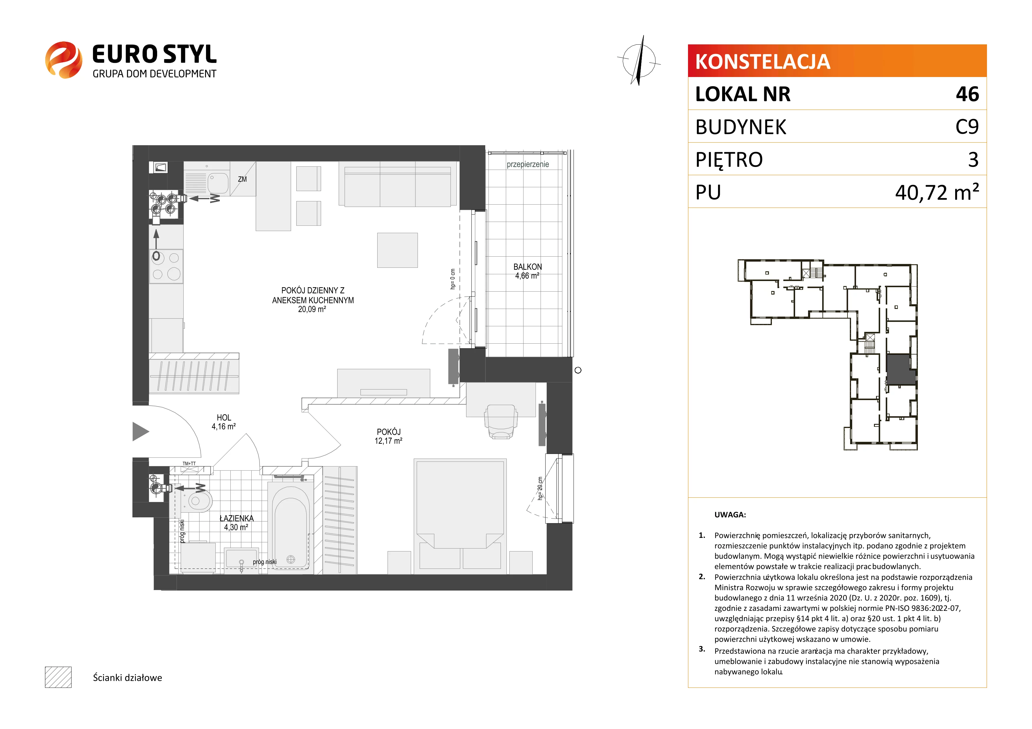 2 pokoje, mieszkanie 40,72 m², piętro 3, oferta nr C9/46, Konstelacja - etap III, Gdynia, Pogórze, ul. Paderewskiego
