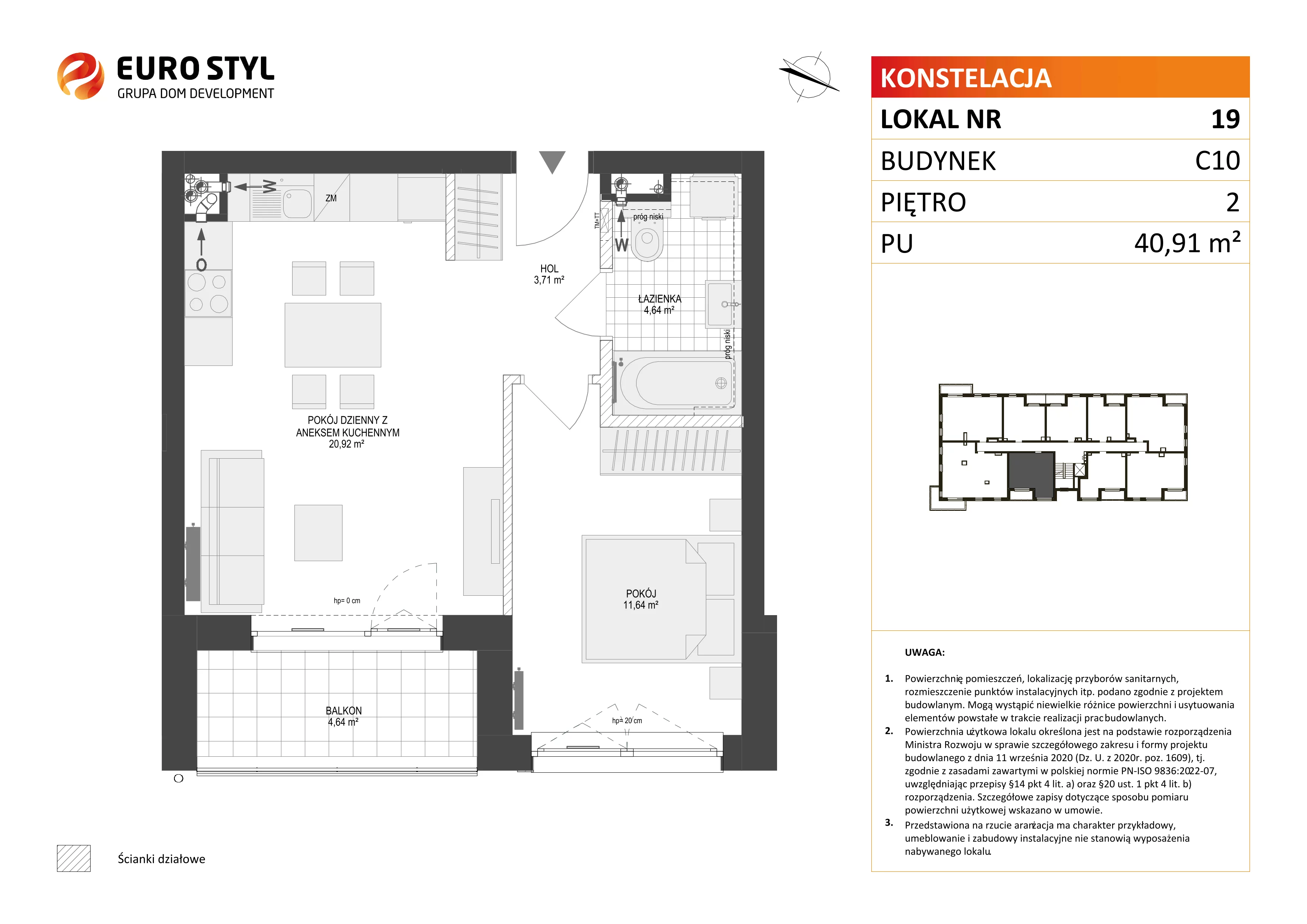 2 pokoje, mieszkanie 40,91 m², piętro 2, oferta nr C10/19, Konstelacja - etap III, Gdynia, Pogórze, ul. Paderewskiego