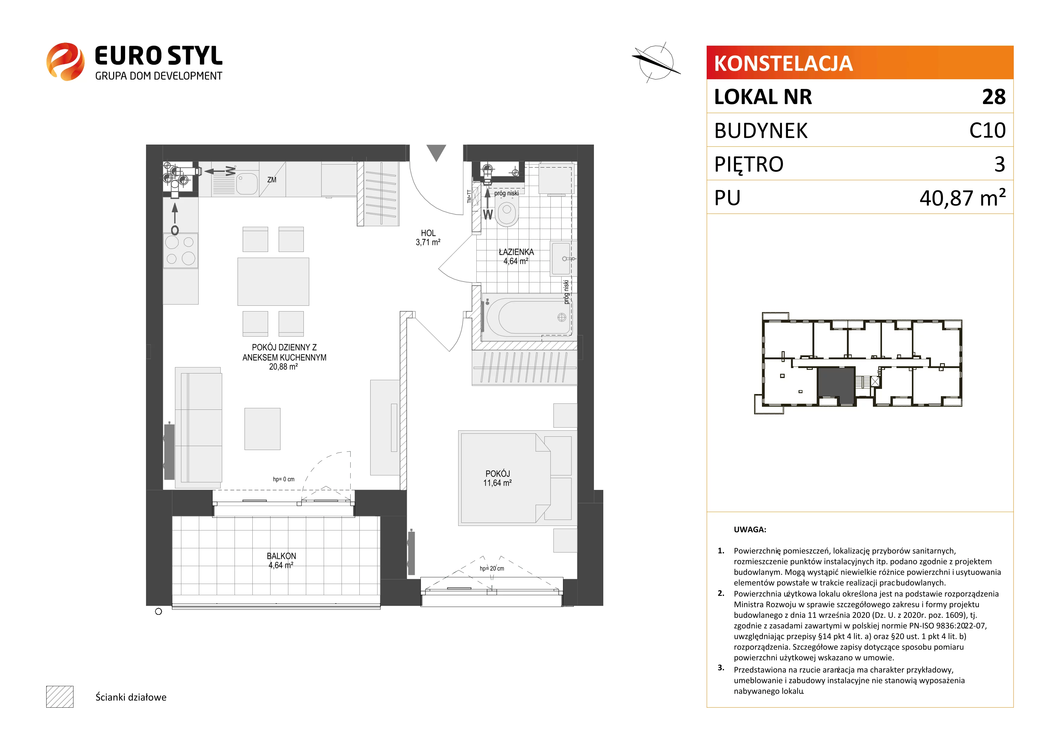 2 pokoje, mieszkanie 40,87 m², piętro 3, oferta nr C10/28, Konstelacja - etap III, Gdynia, Pogórze, ul. Paderewskiego