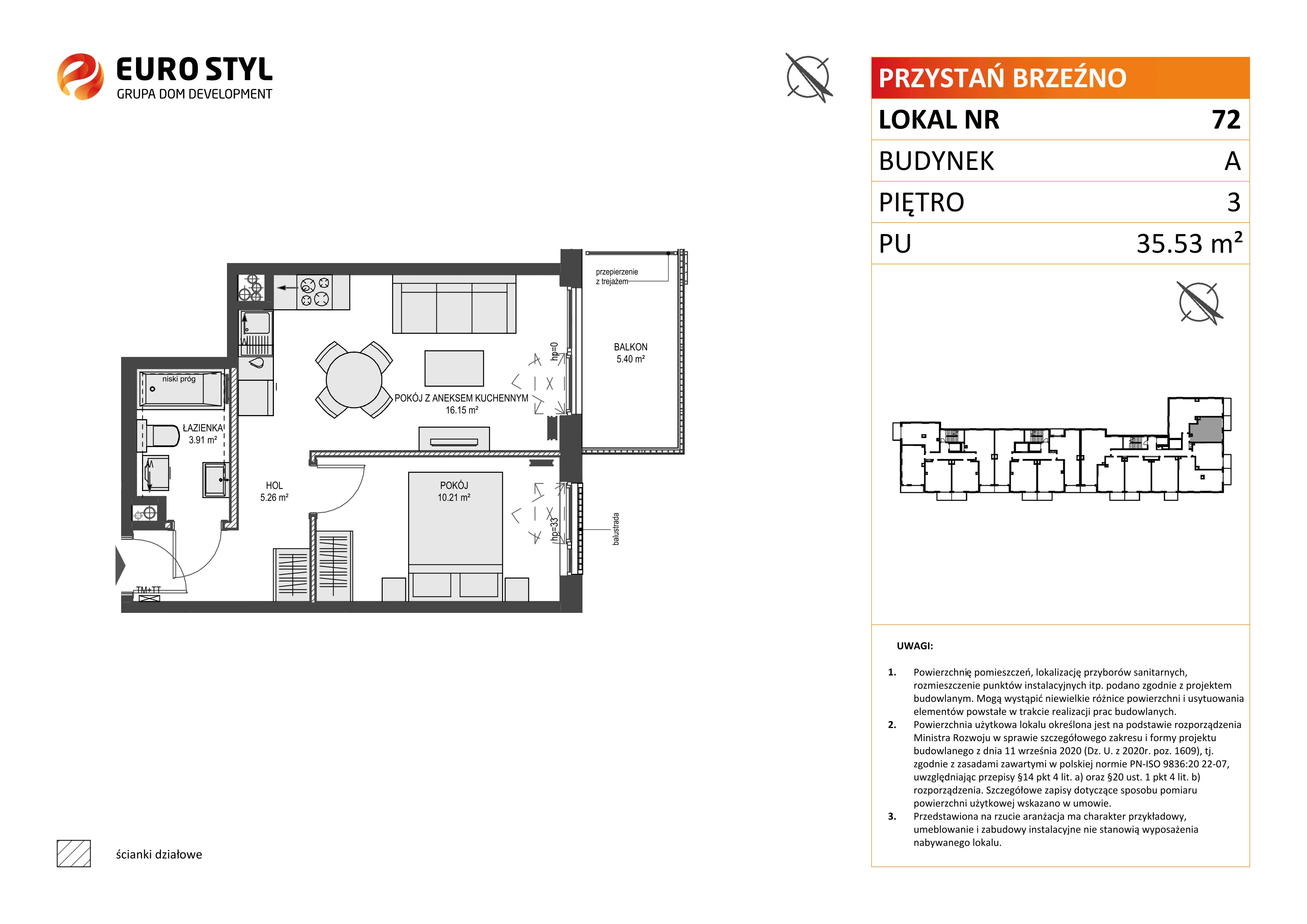 2 pokoje, mieszkanie 35,53 m², piętro 3, oferta nr A/72, Przystań Brzeźno, Gdańsk, Brzeźno, ul. Uczniowska