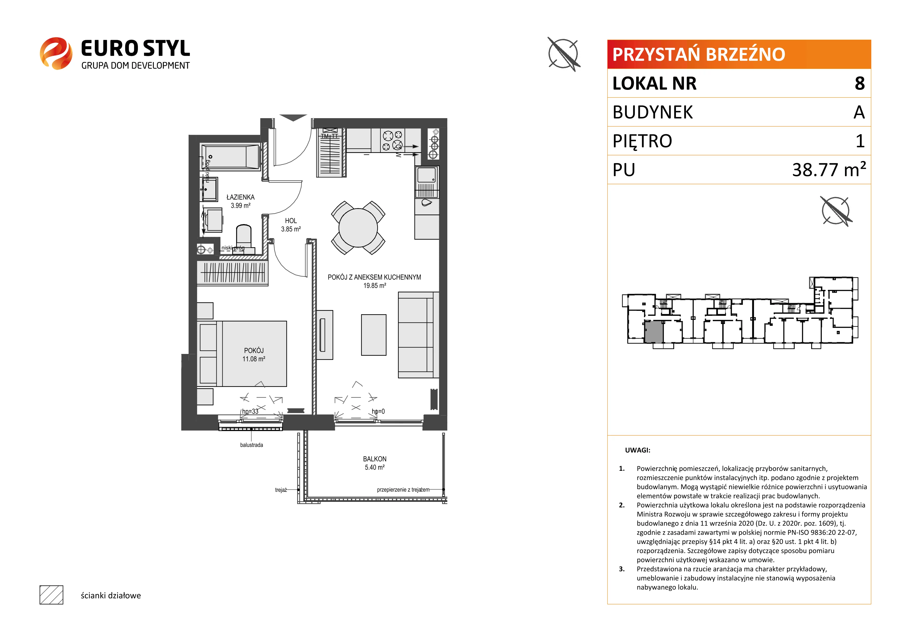 2 pokoje, mieszkanie 38,77 m², piętro 1, oferta nr A/8, Przystań Brzeźno, Gdańsk, Brzeźno, ul. Uczniowska