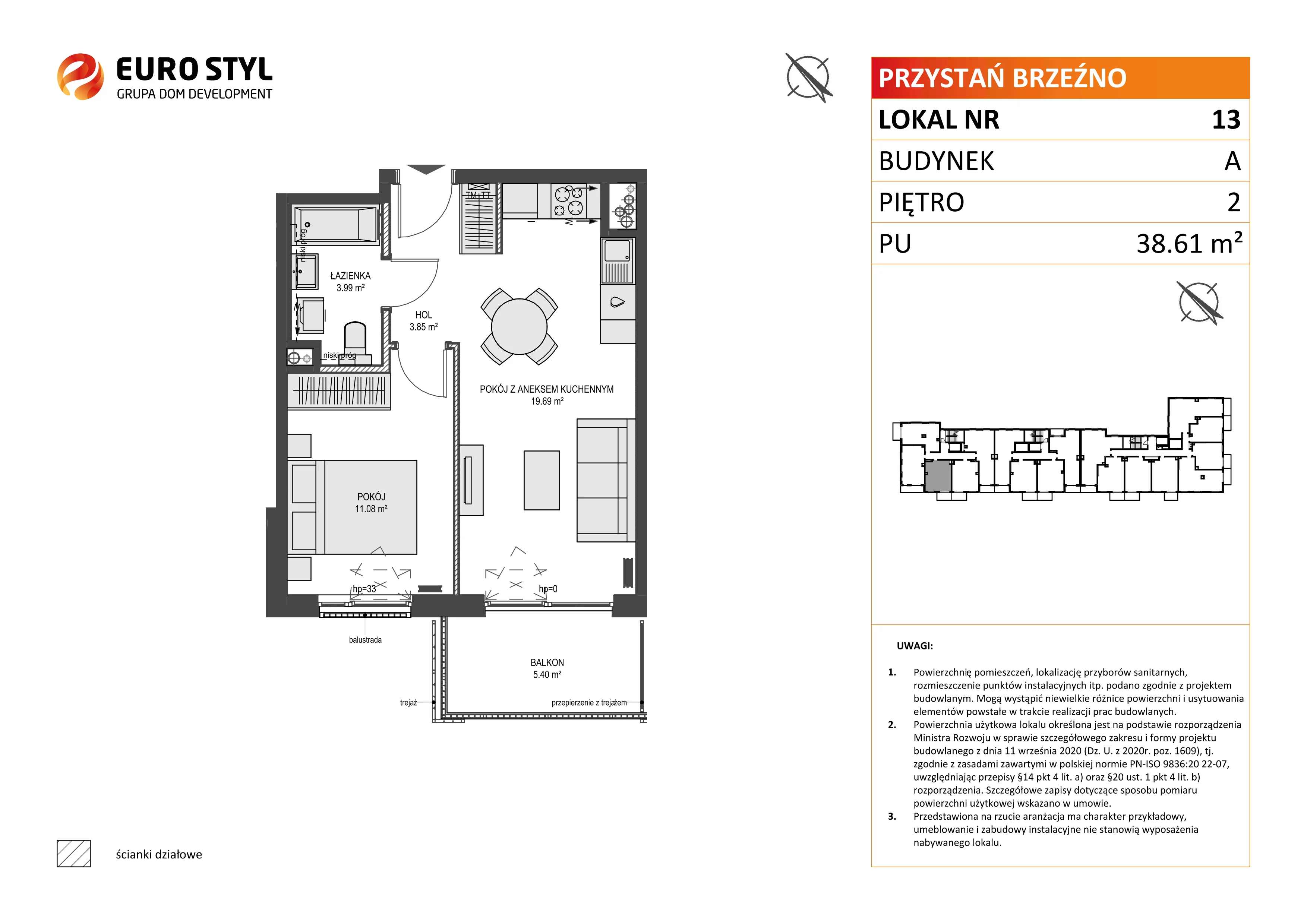 2 pokoje, mieszkanie 38,61 m², piętro 2, oferta nr A/13, Przystań Brzeźno, Gdańsk, Brzeźno, ul. Uczniowska
