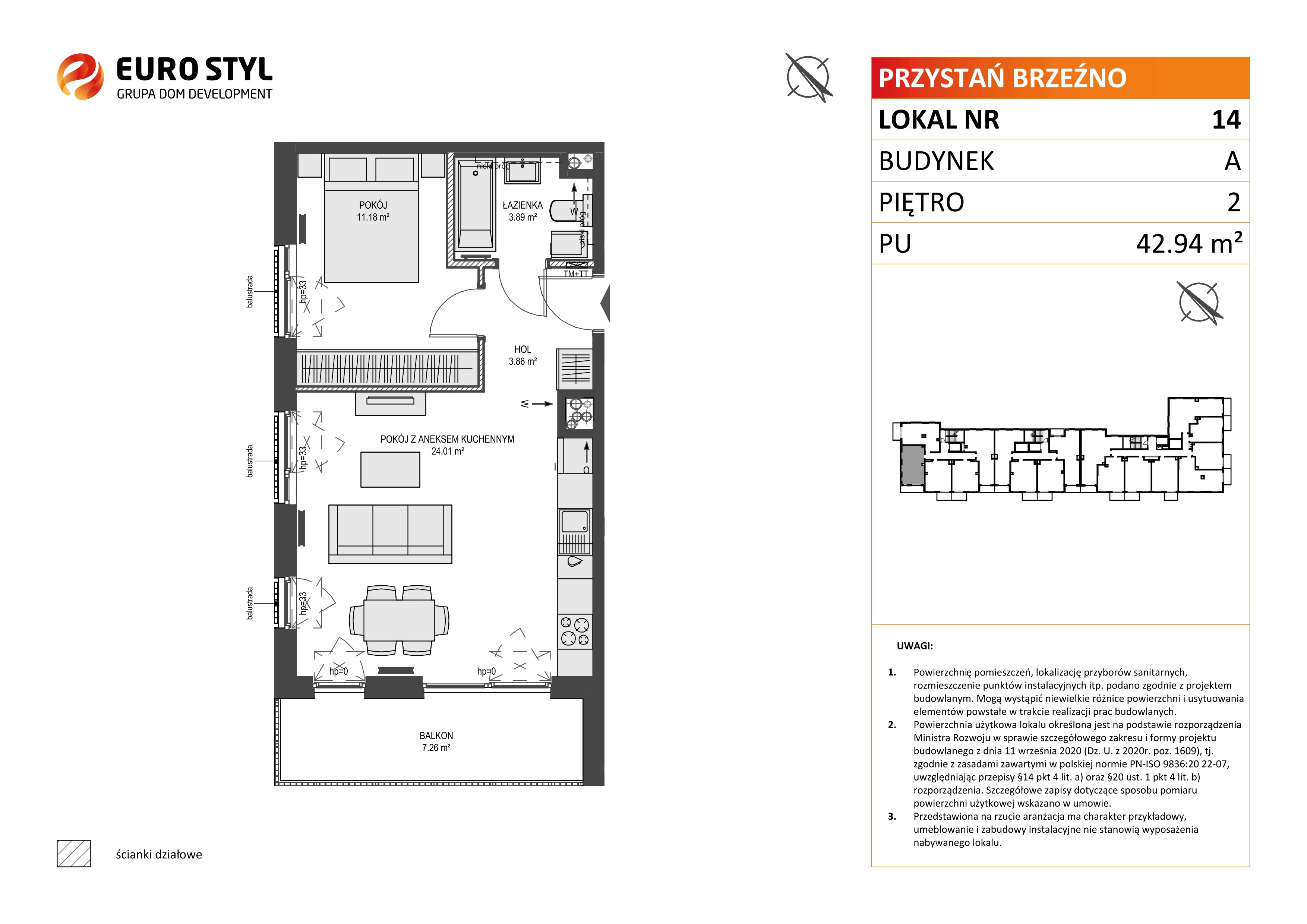 2 pokoje, mieszkanie 42,94 m², piętro 2, oferta nr A/14, Przystań Brzeźno, Gdańsk, Brzeźno, ul. Uczniowska