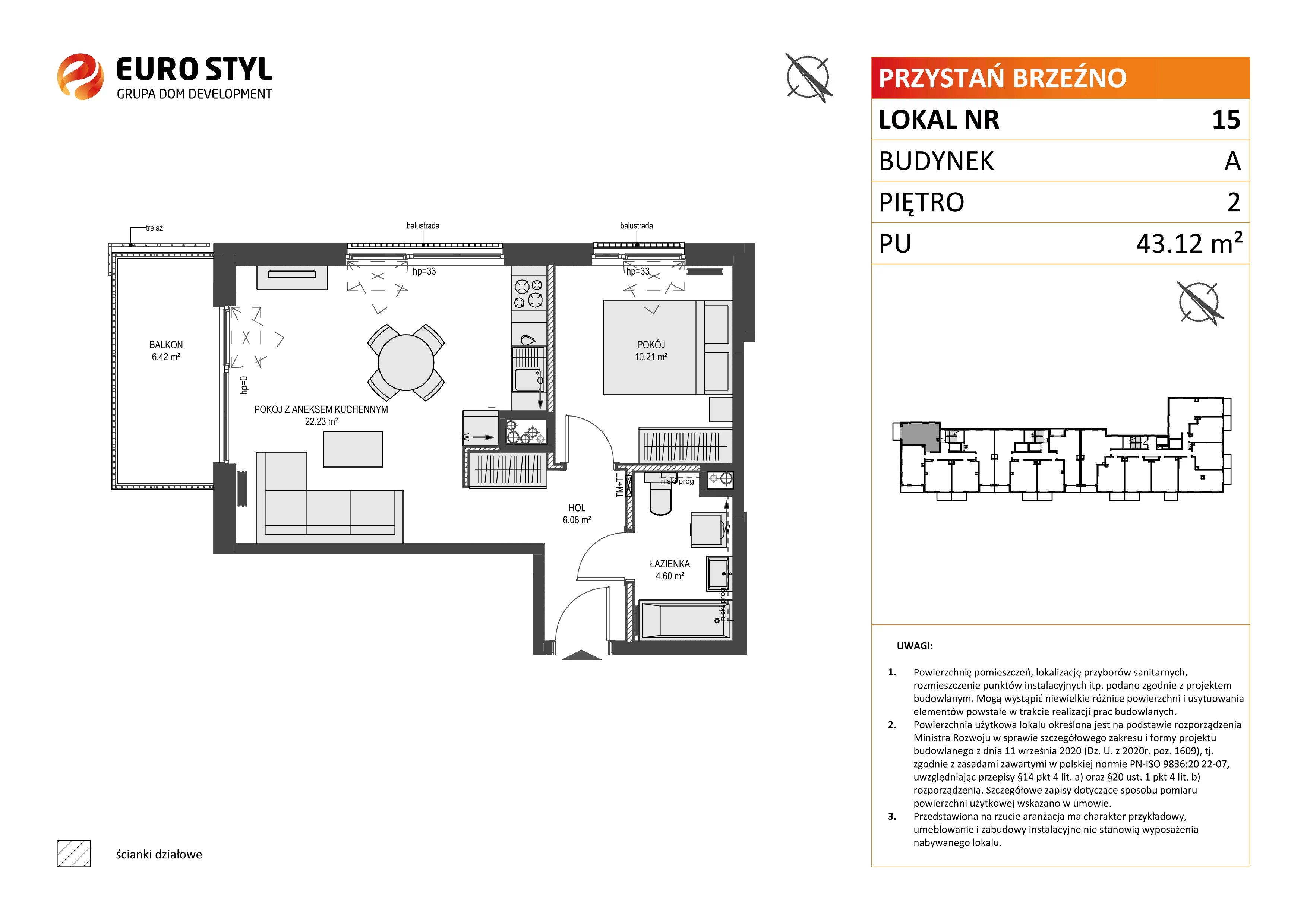 2 pokoje, mieszkanie 43,12 m², piętro 2, oferta nr A/15, Przystań Brzeźno, Gdańsk, Brzeźno, ul. Uczniowska