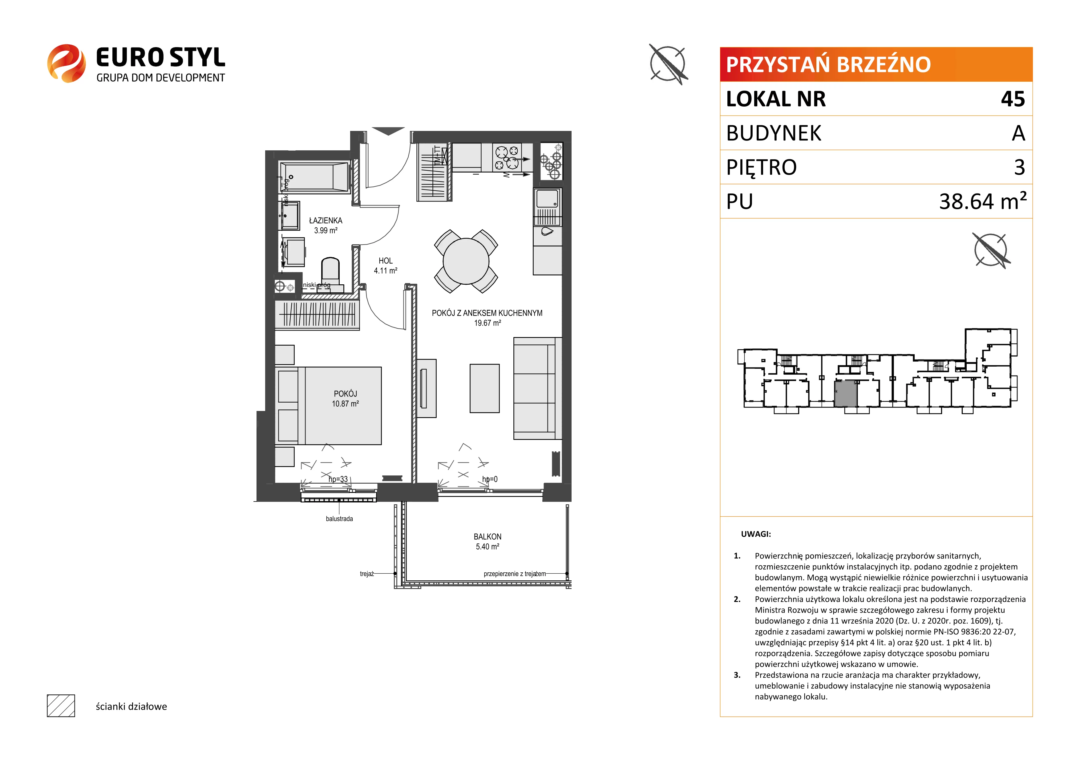 2 pokoje, mieszkanie 38,64 m², piętro 3, oferta nr A/45, Przystań Brzeźno, Gdańsk, Brzeźno, ul. Uczniowska