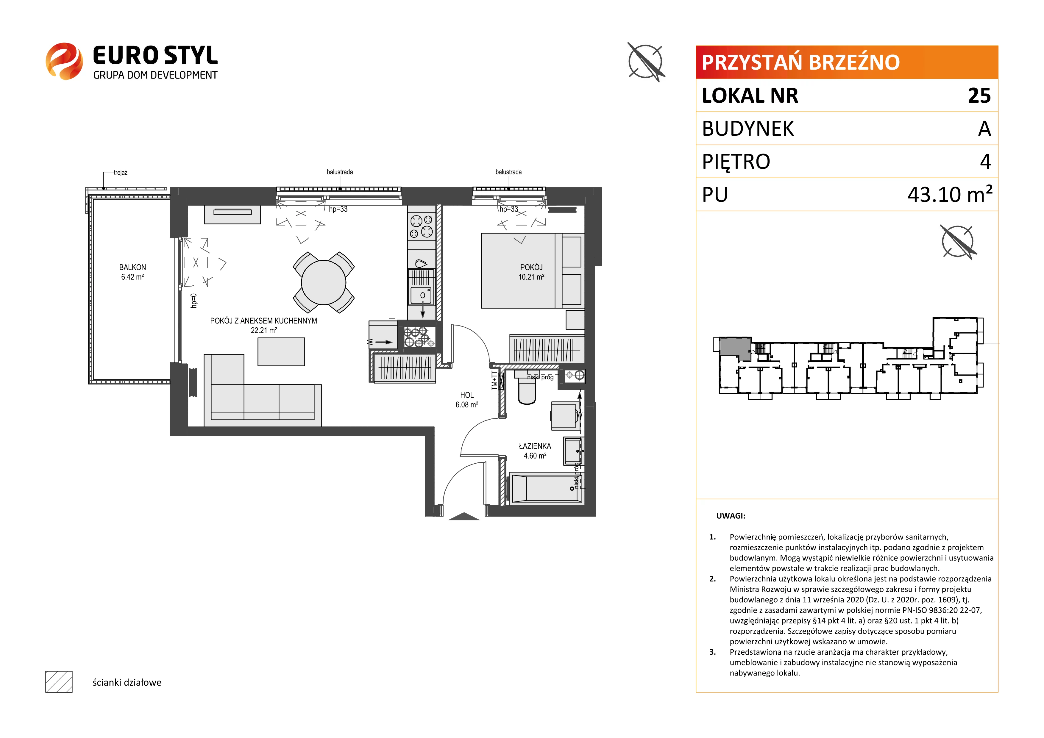 2 pokoje, mieszkanie 43,10 m², piętro 4, oferta nr A/25, Przystań Brzeźno, Gdańsk, Brzeźno, ul. Uczniowska