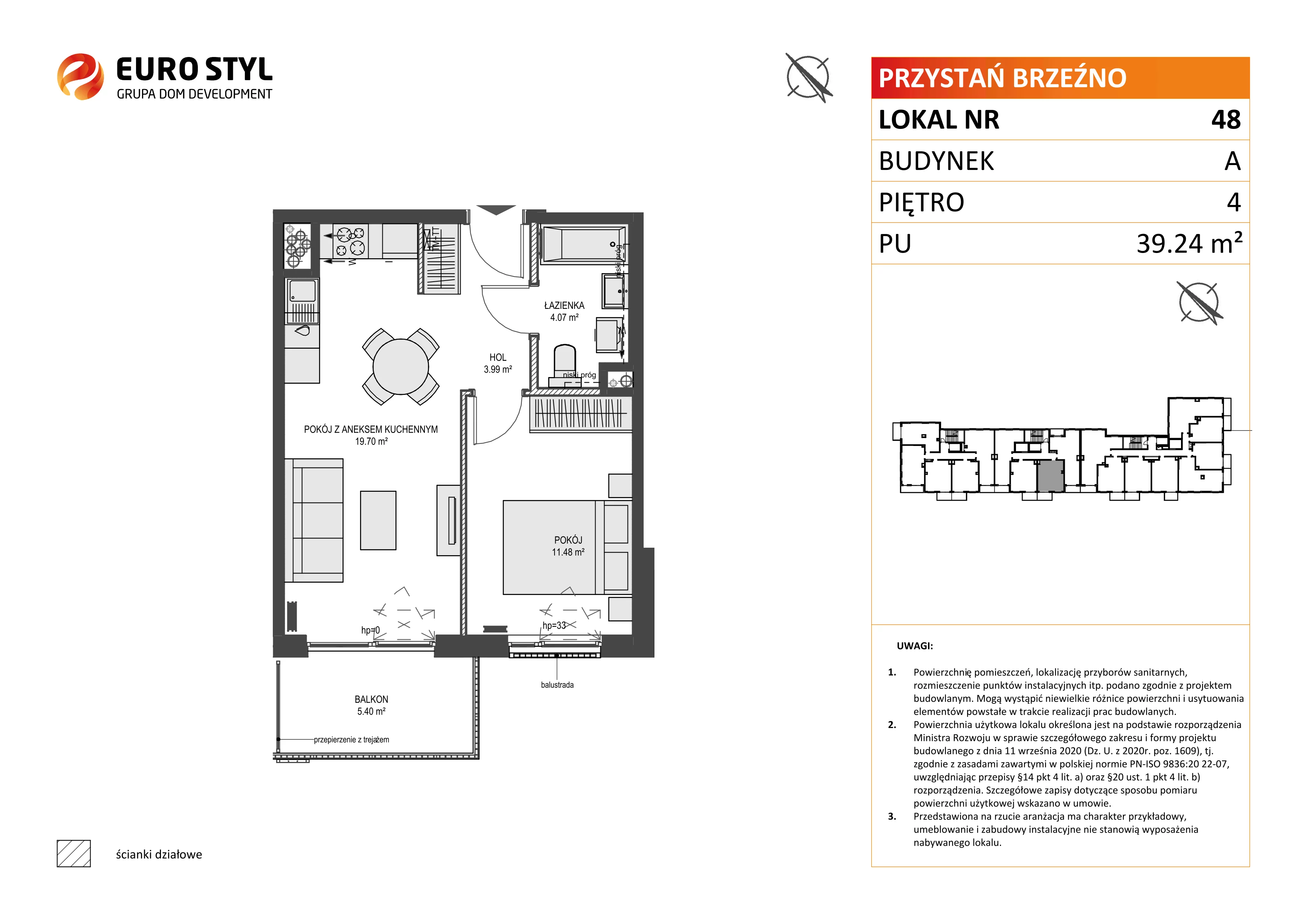 2 pokoje, mieszkanie 39,24 m², piętro 4, oferta nr A/48, Przystań Brzeźno, Gdańsk, Brzeźno, ul. Uczniowska