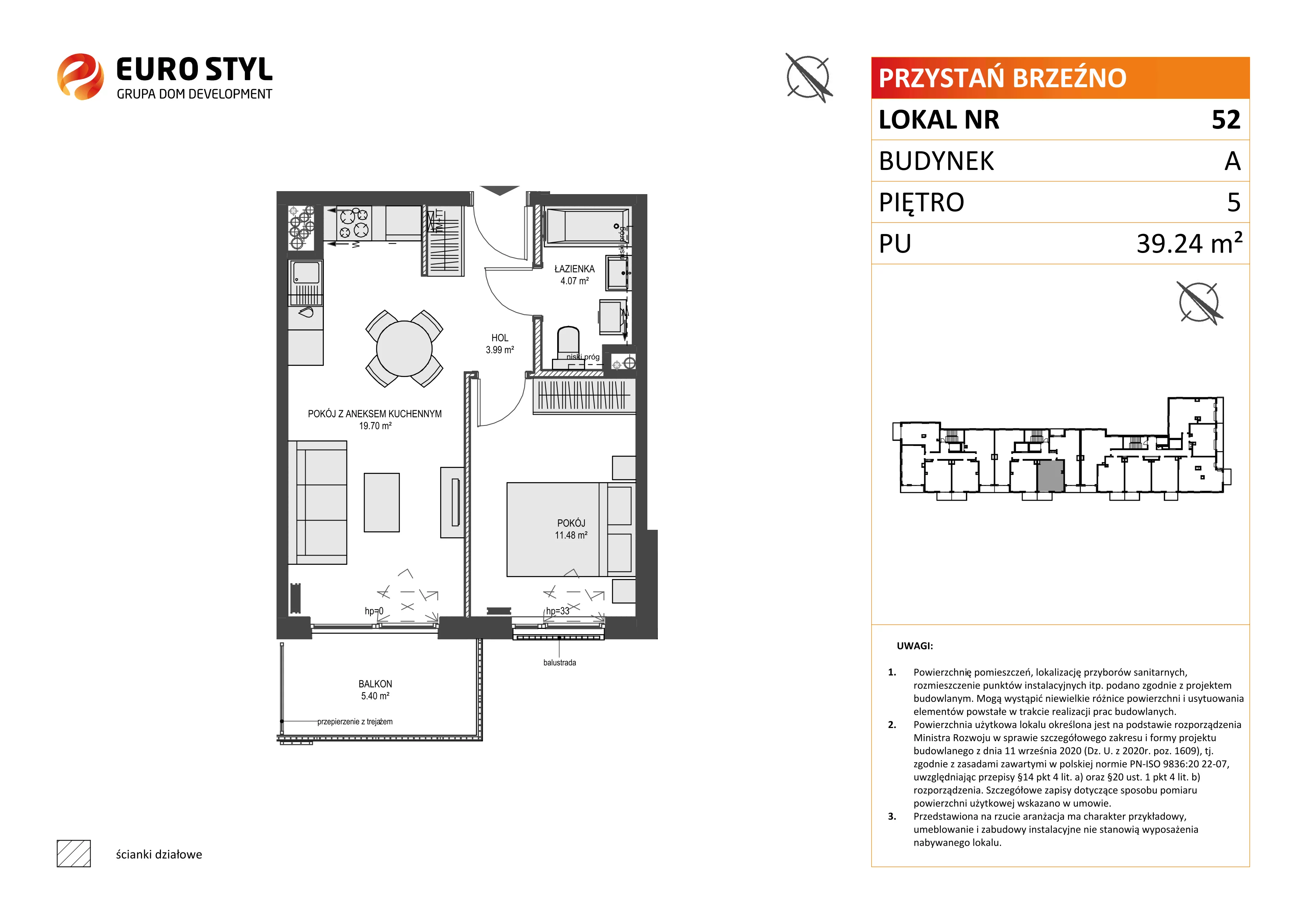 2 pokoje, mieszkanie 39,24 m², piętro 5, oferta nr A/52, Przystań Brzeźno, Gdańsk, Brzeźno, ul. Uczniowska