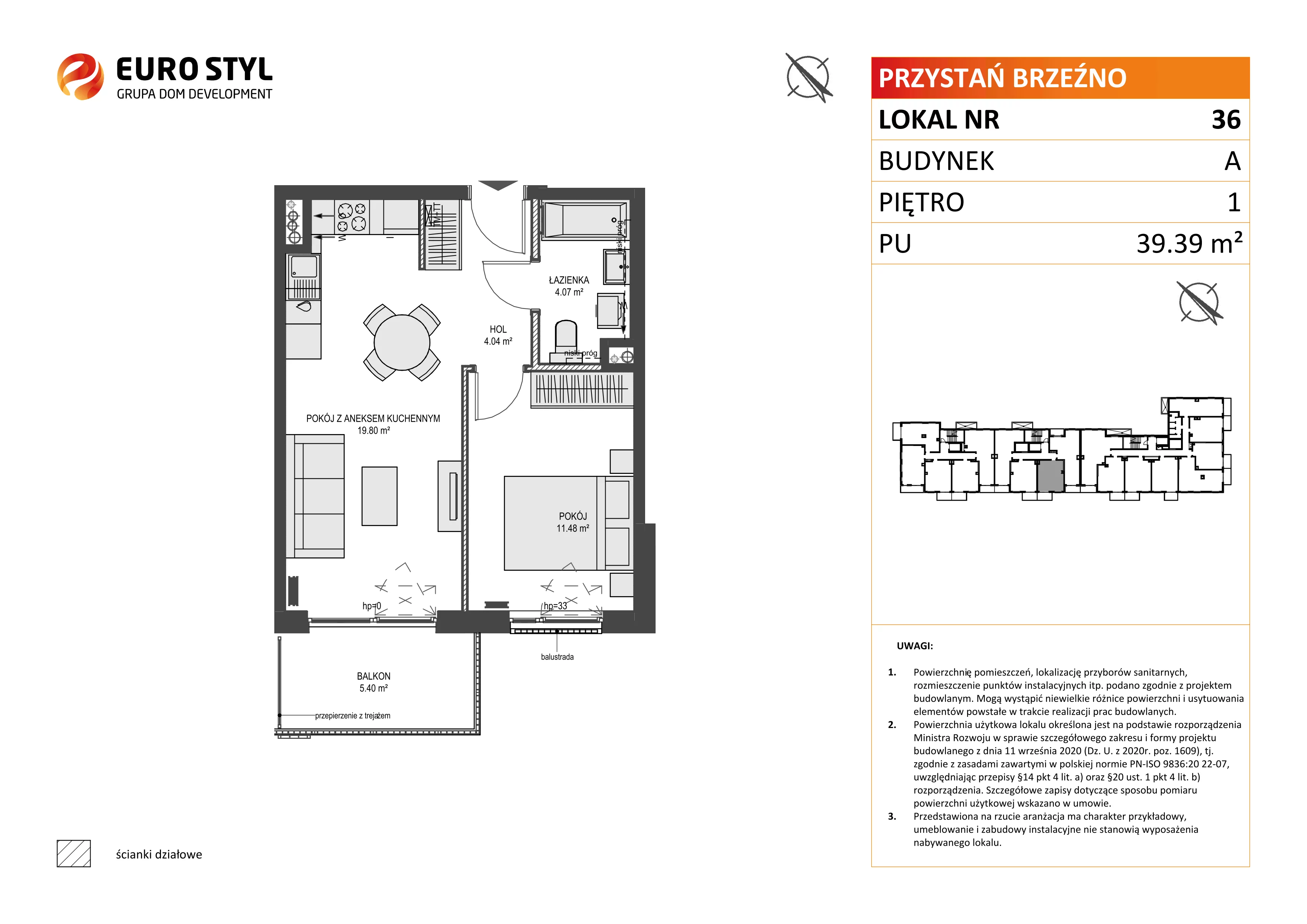 2 pokoje, mieszkanie 39,39 m², piętro 1, oferta nr A/36, Przystań Brzeźno, Gdańsk, Brzeźno, ul. Uczniowska
