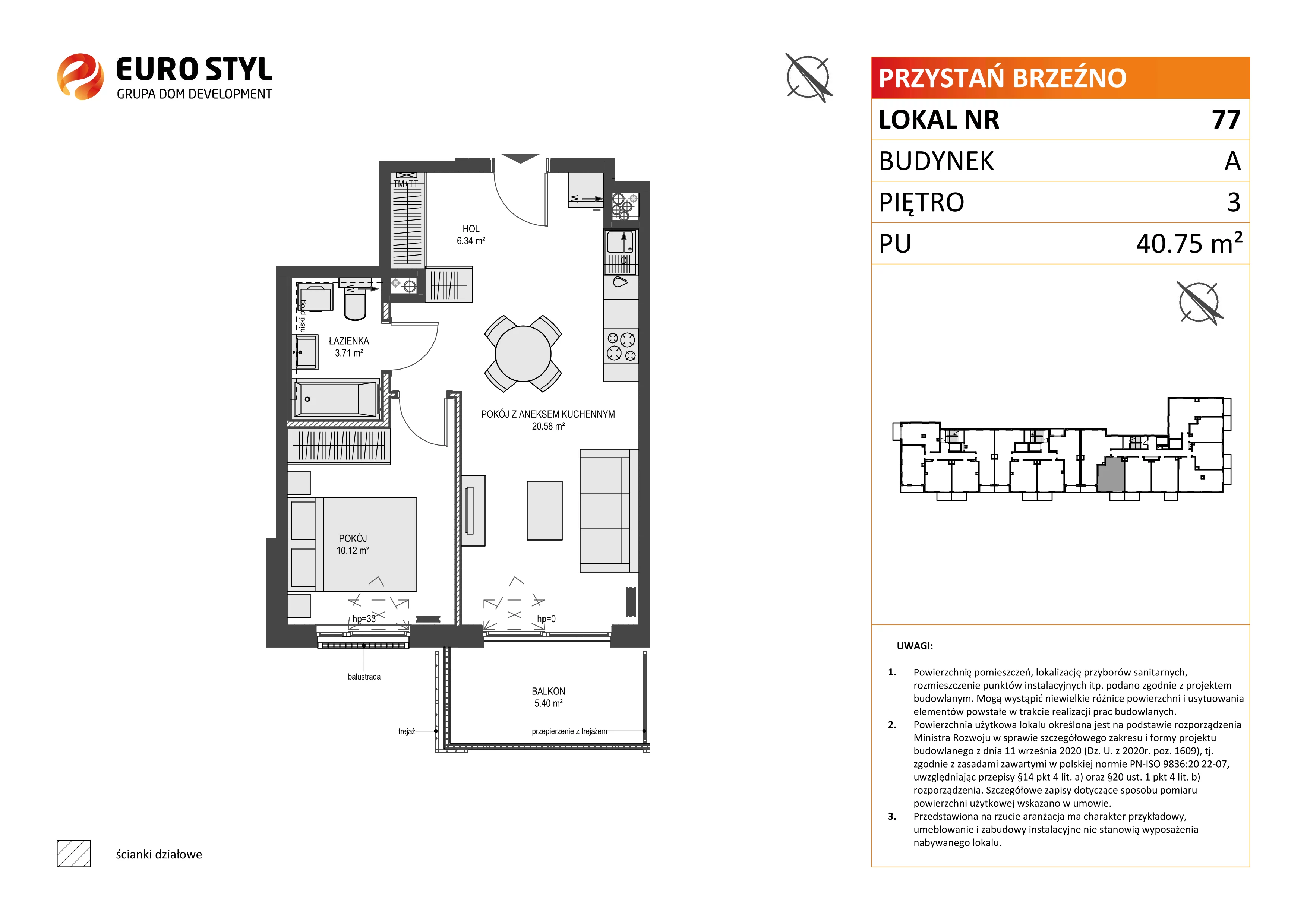 2 pokoje, mieszkanie 40,75 m², piętro 3, oferta nr A/77, Przystań Brzeźno, Gdańsk, Brzeźno, ul. Uczniowska