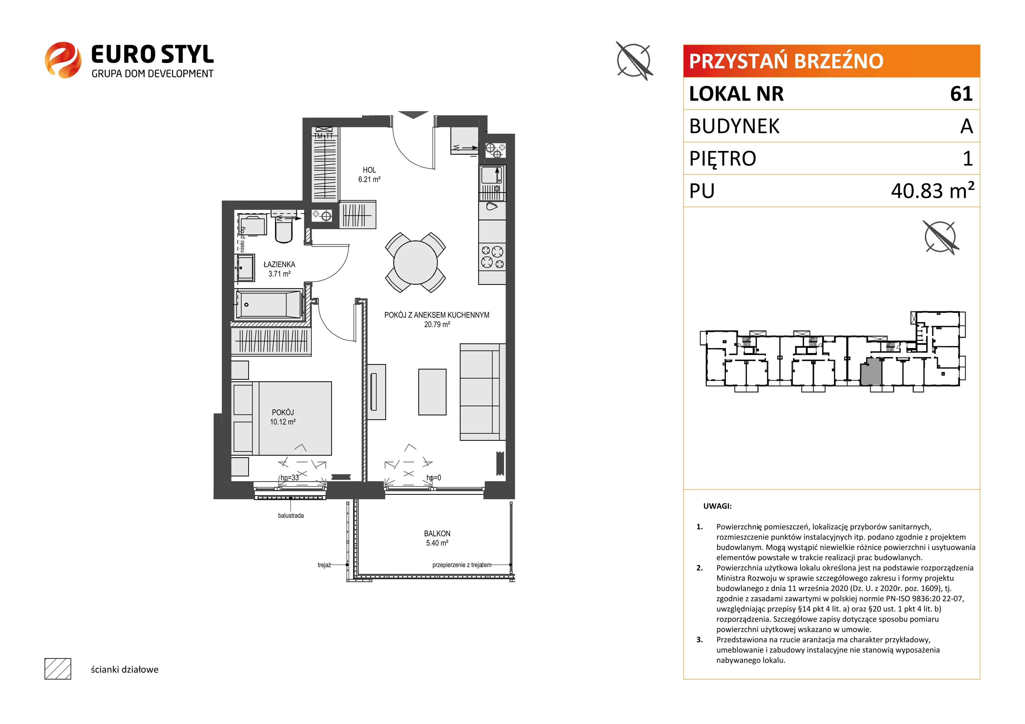 2 pokoje, mieszkanie 40,83 m², piętro 1, oferta nr A/61, Przystań Brzeźno, Gdańsk, Brzeźno, ul. Uczniowska