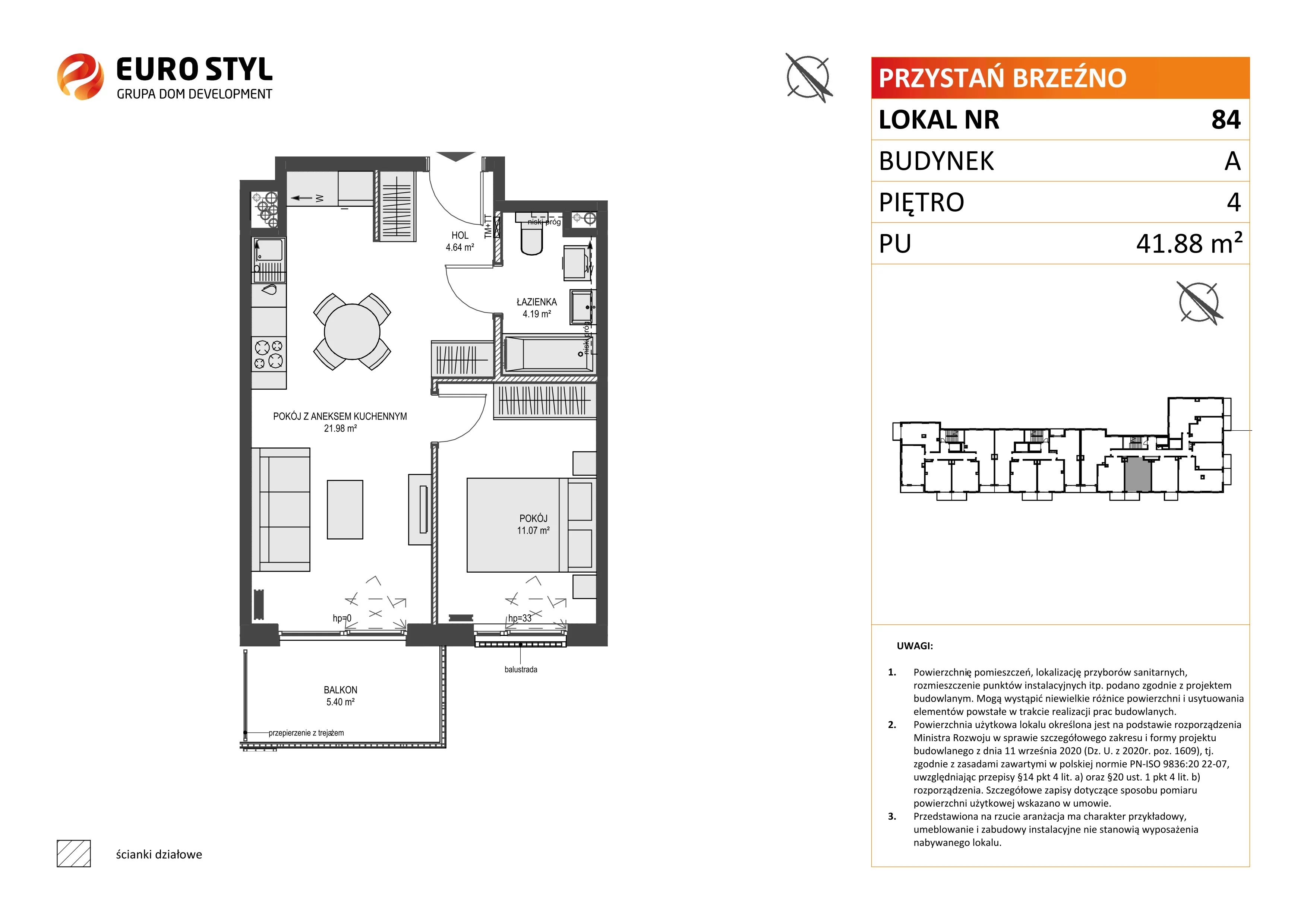 2 pokoje, mieszkanie 41,88 m², piętro 4, oferta nr A/84, Przystań Brzeźno, Gdańsk, Brzeźno, ul. Uczniowska