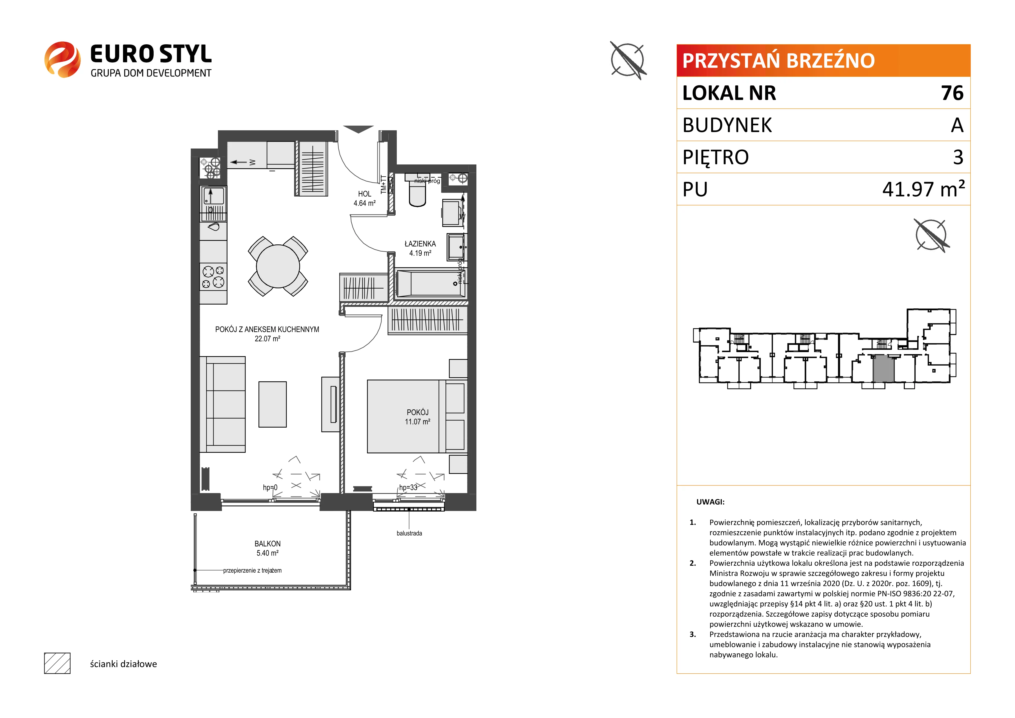 2 pokoje, mieszkanie 41,97 m², piętro 3, oferta nr A/76, Przystań Brzeźno, Gdańsk, Brzeźno, ul. Uczniowska