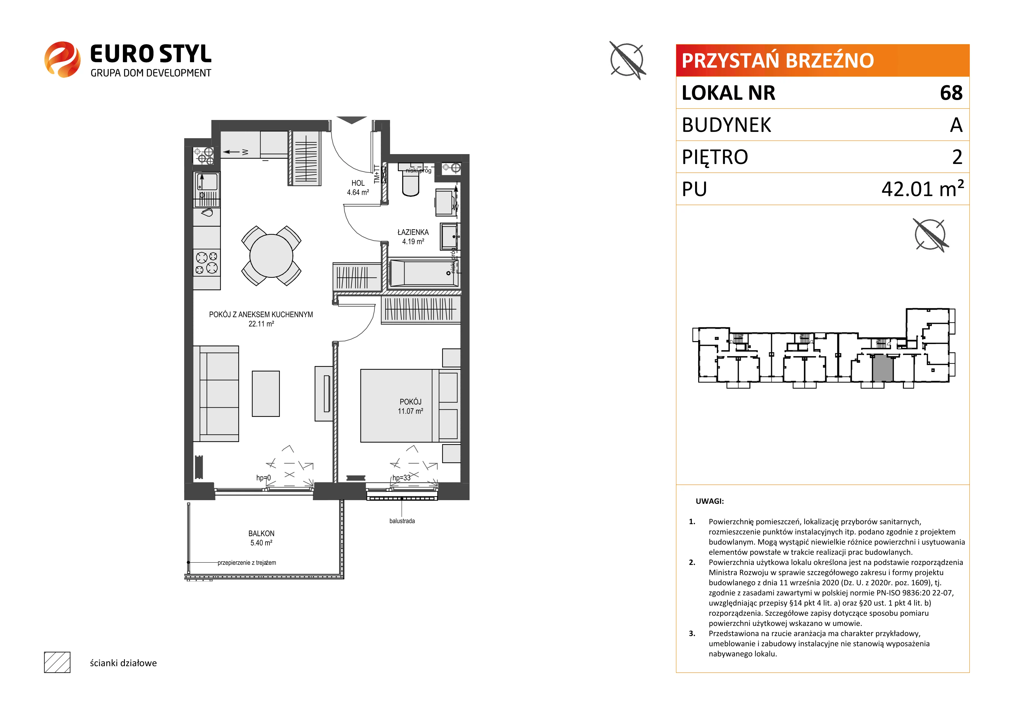 2 pokoje, mieszkanie 42,01 m², piętro 2, oferta nr A/68, Przystań Brzeźno, Gdańsk, Brzeźno, ul. Uczniowska