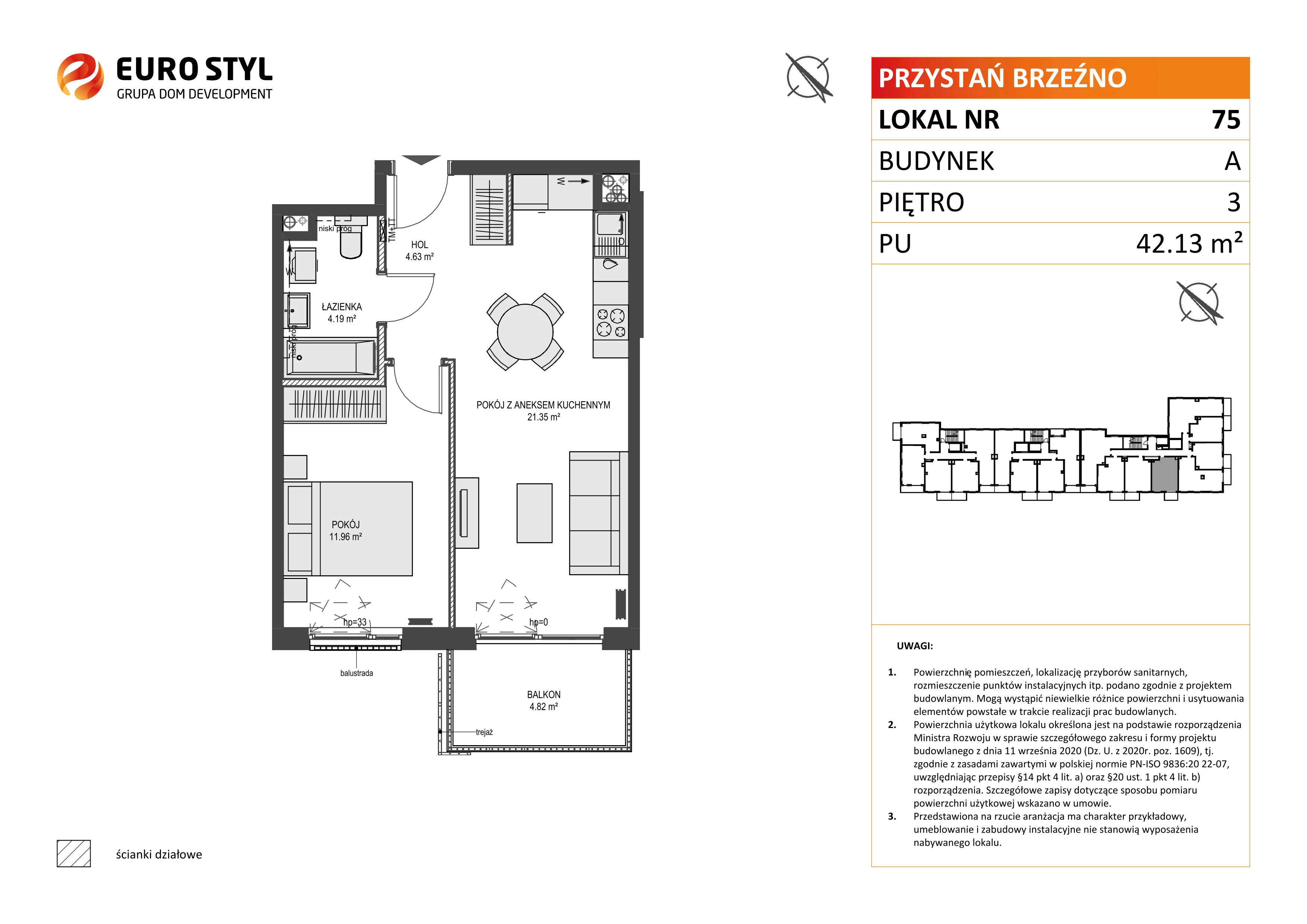 2 pokoje, mieszkanie 42,13 m², piętro 3, oferta nr A/75, Przystań Brzeźno, Gdańsk, Brzeźno, ul. Uczniowska