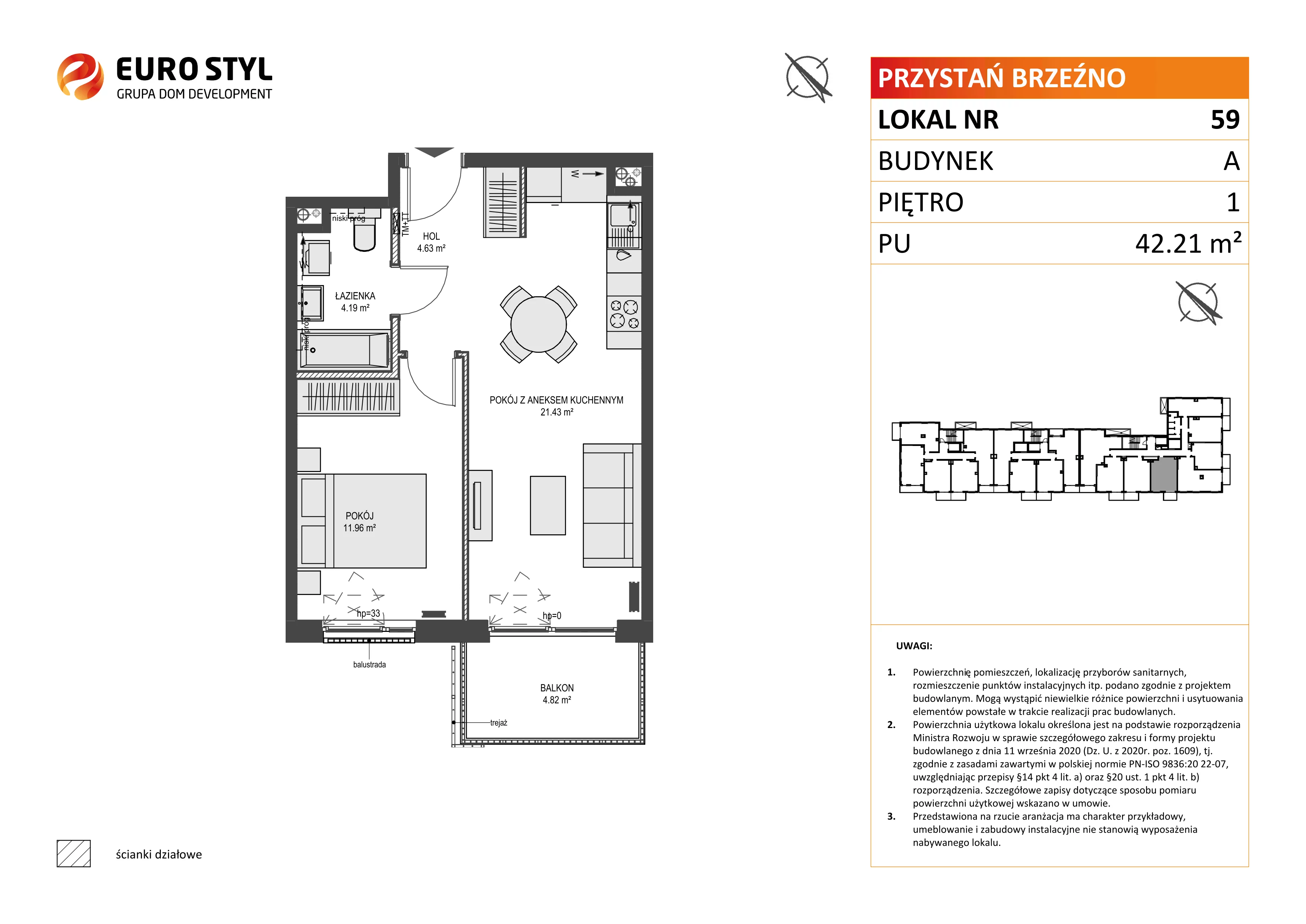 2 pokoje, mieszkanie 42,21 m², piętro 1, oferta nr A/59, Przystań Brzeźno, Gdańsk, Brzeźno, ul. Uczniowska