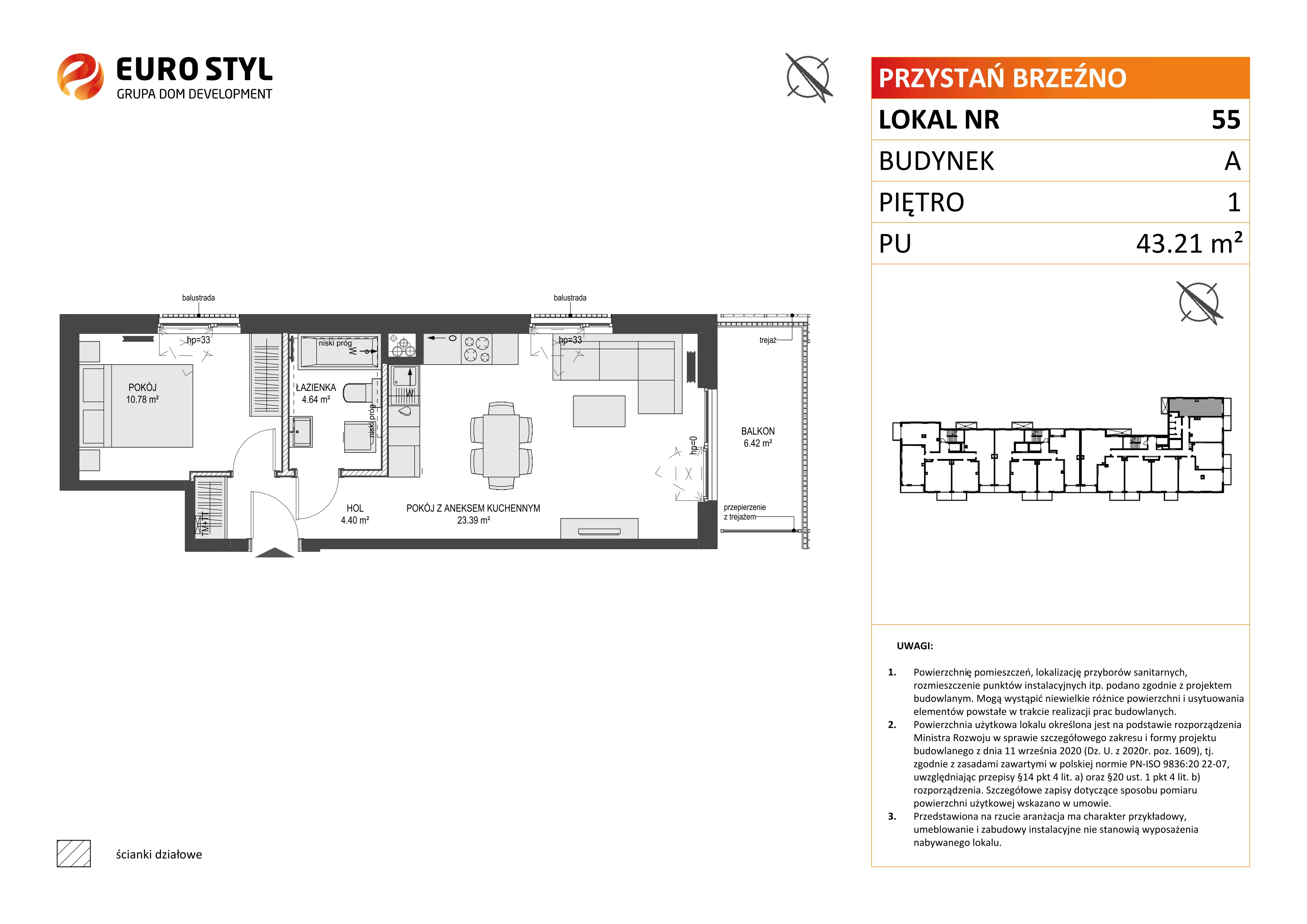 2 pokoje, mieszkanie 43,21 m², piętro 1, oferta nr A/55, Przystań Brzeźno, Gdańsk, Brzeźno, ul. Uczniowska